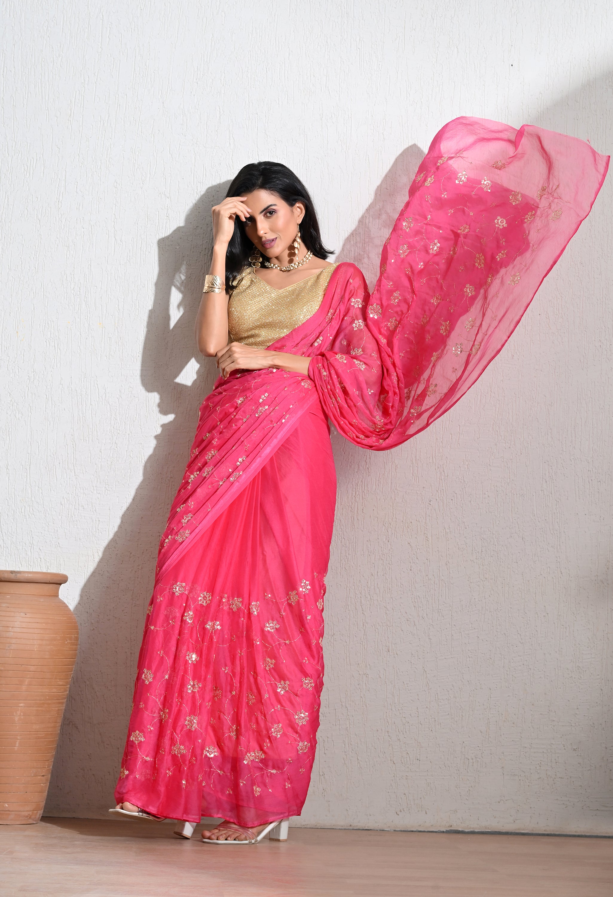 Brillant Rose all over Work Chiffon Saree