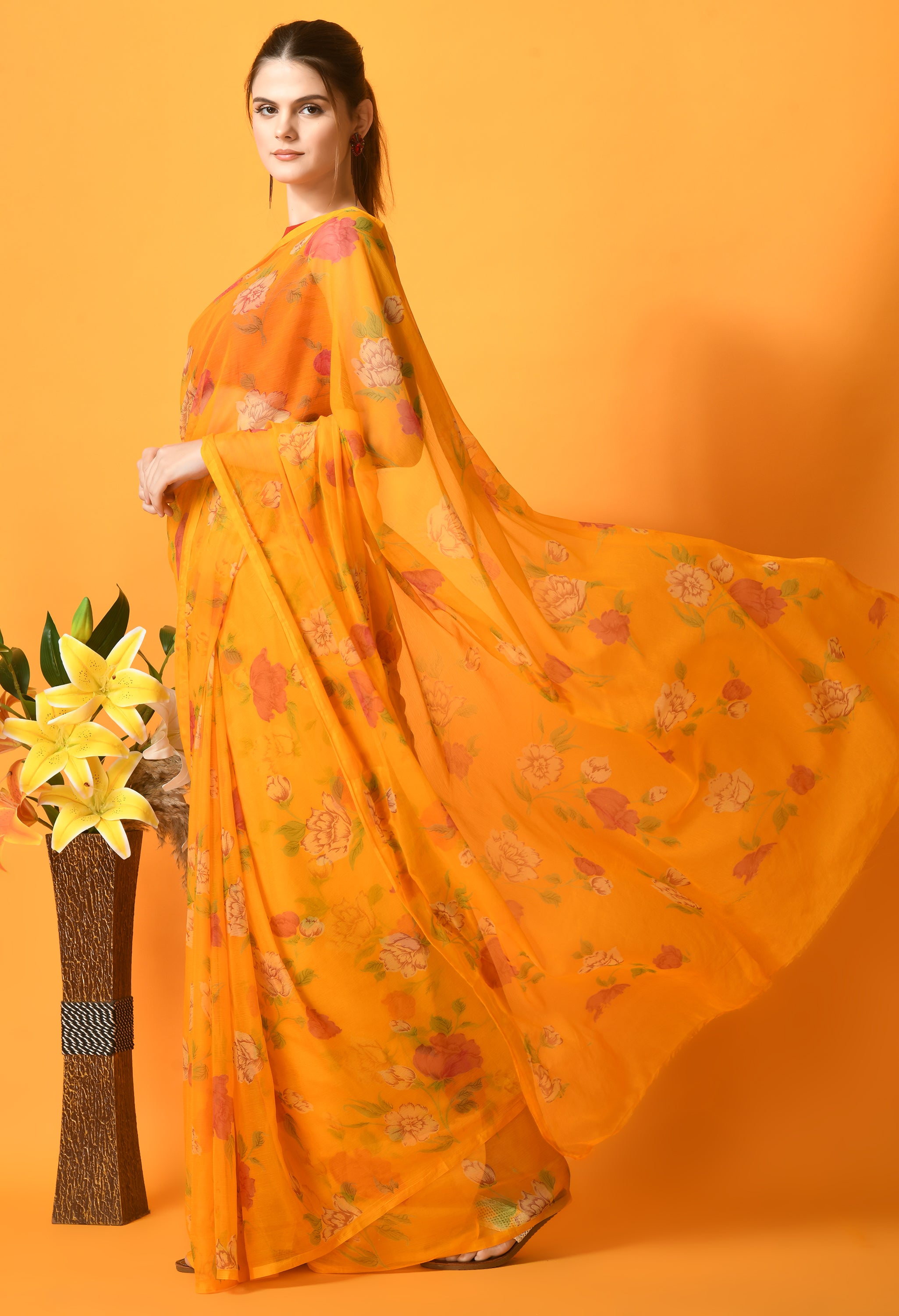 Yellow Floral Printed Chiffon Saree