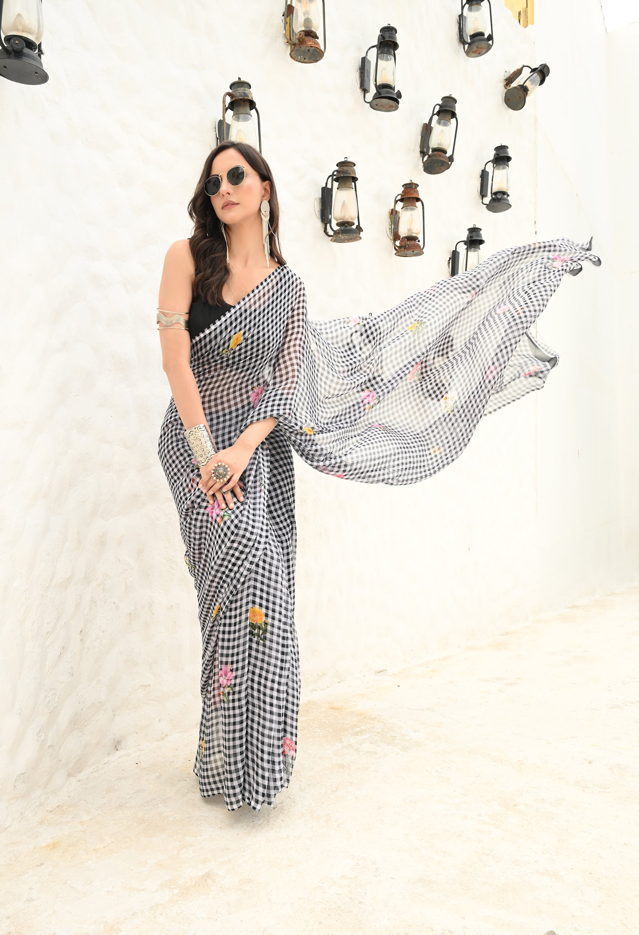 Floral Grid Pure Chiffon Saree