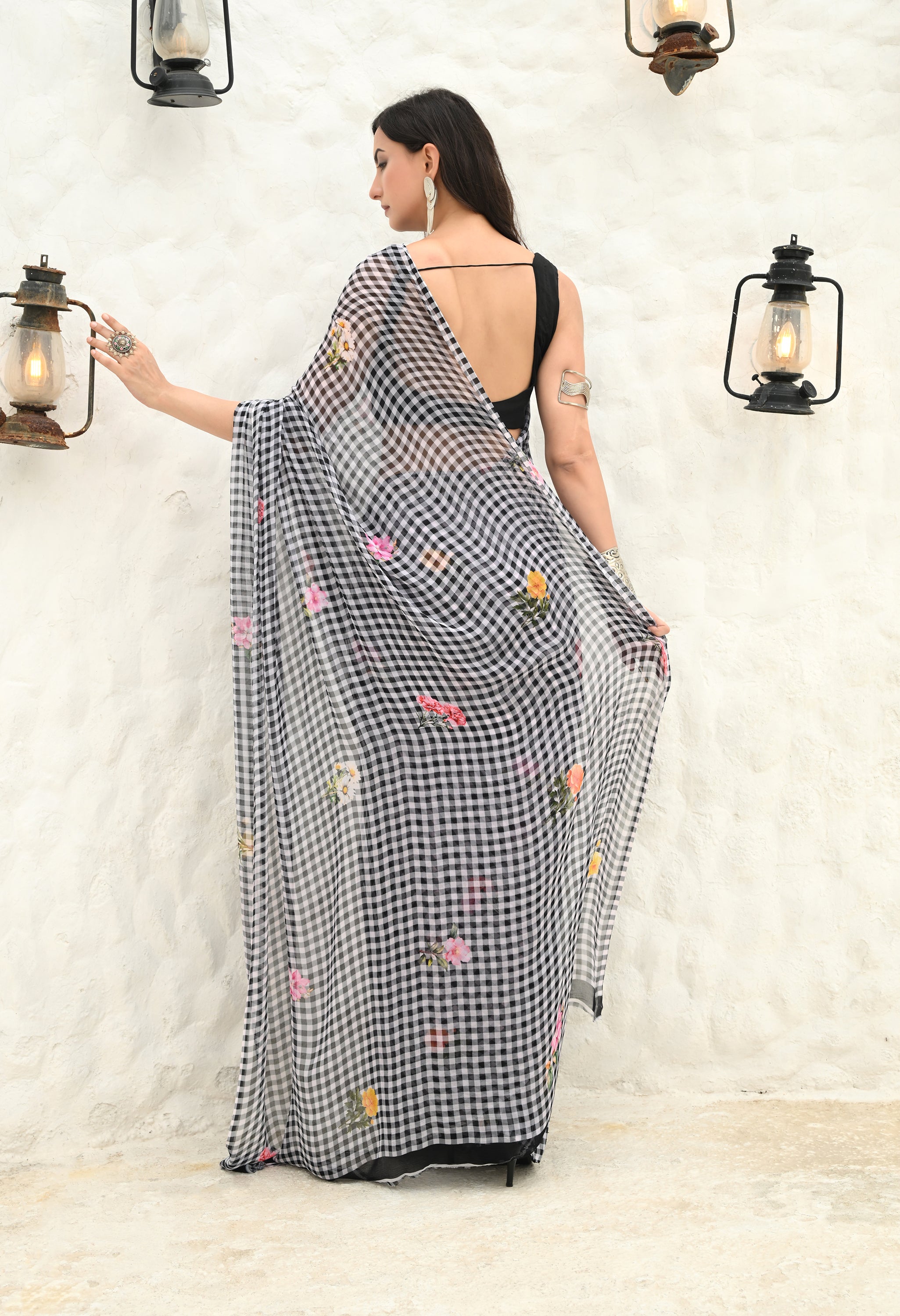 Floral Grid Pure Chiffon Saree