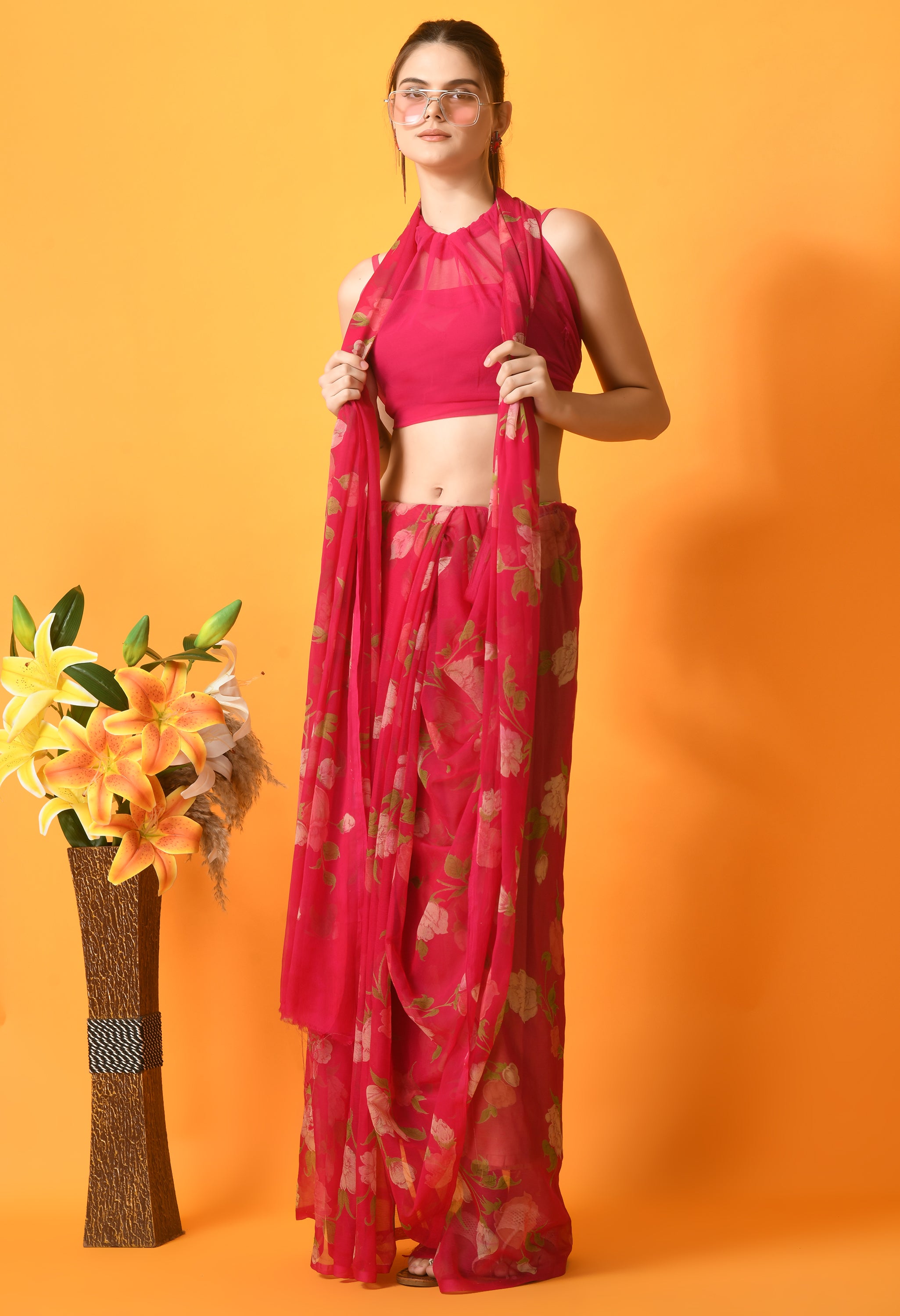 Dark Pink Floral Printed Chiffon Saree