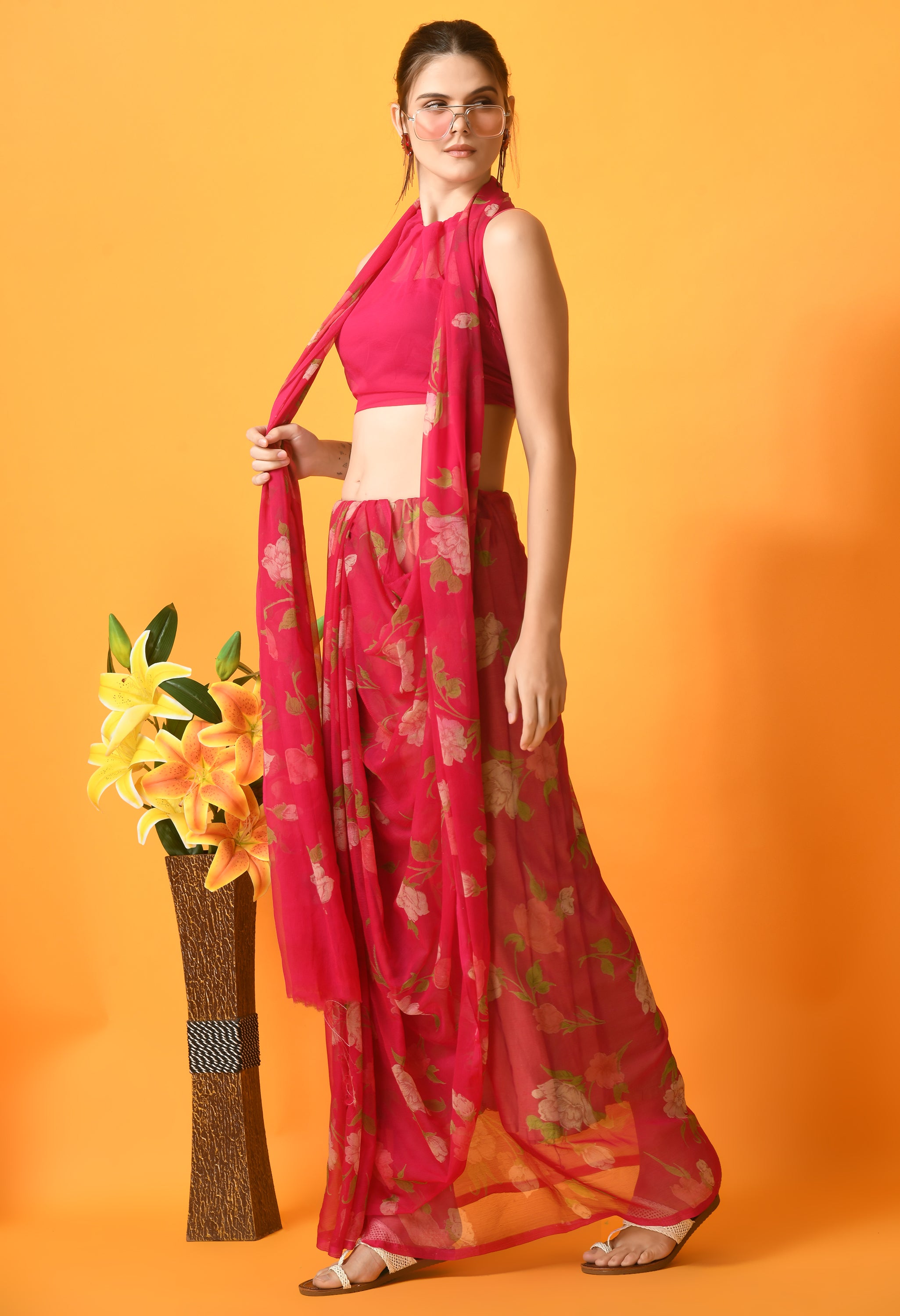 Dark Pink Floral Printed Chiffon Saree