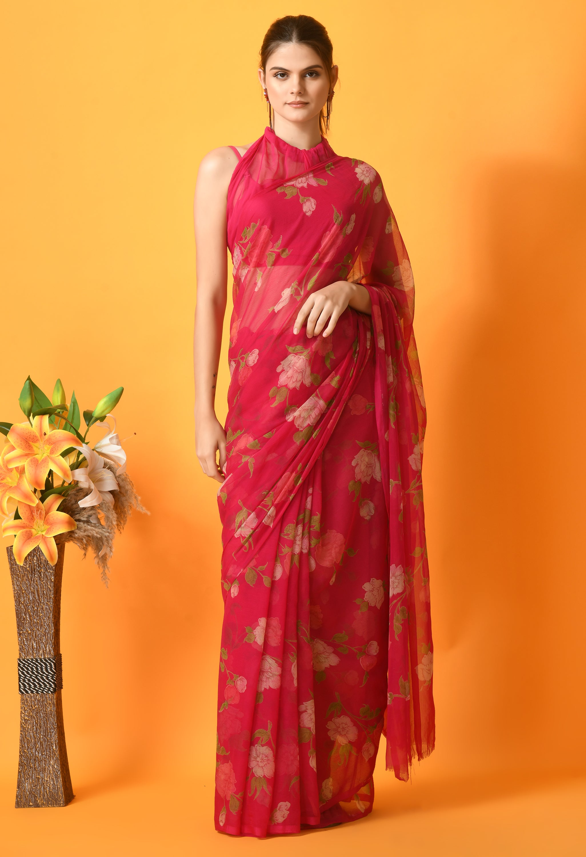 Dark Pink Floral Printed Chiffon Saree