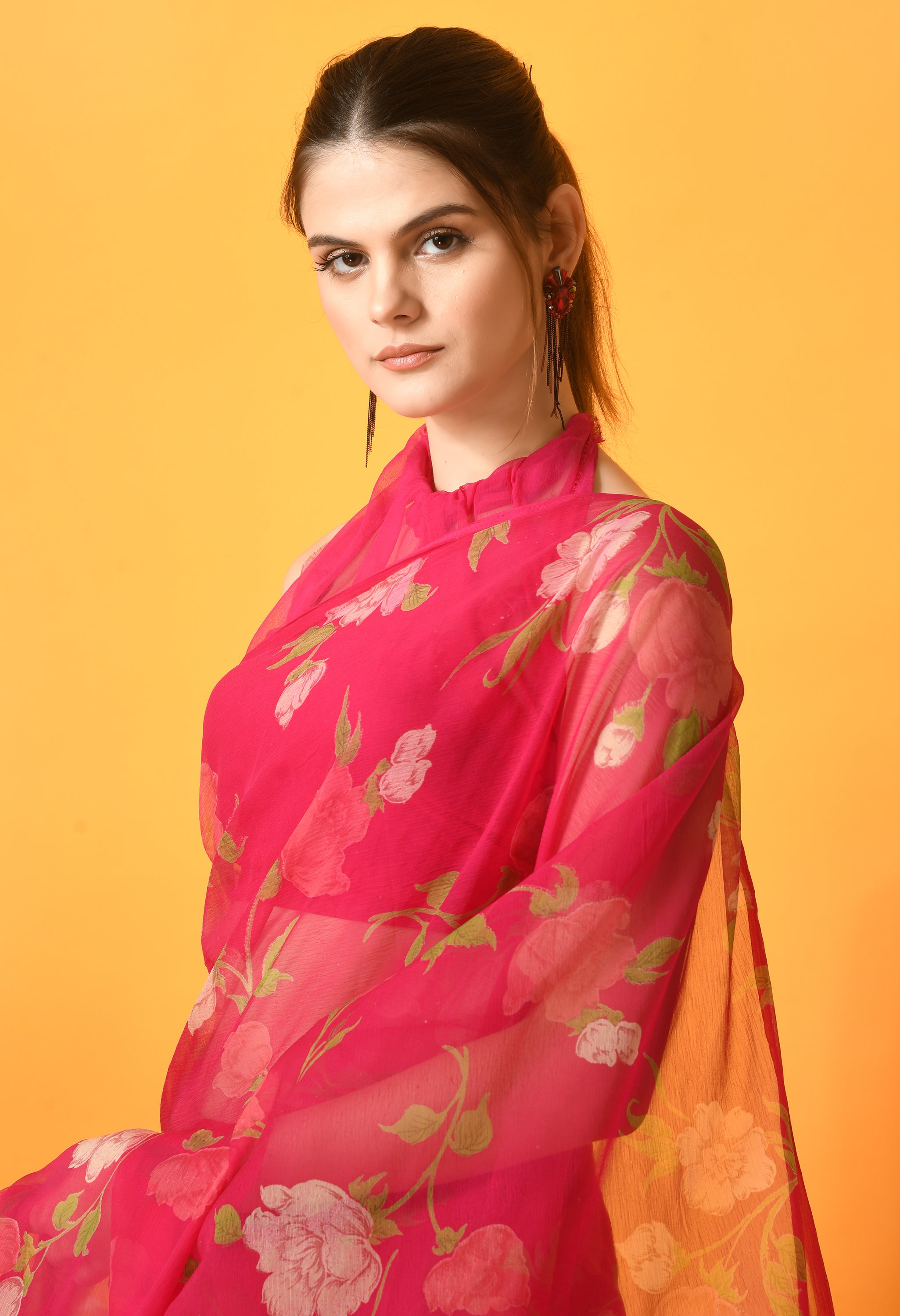 Dark Pink Floral Printed Chiffon Saree