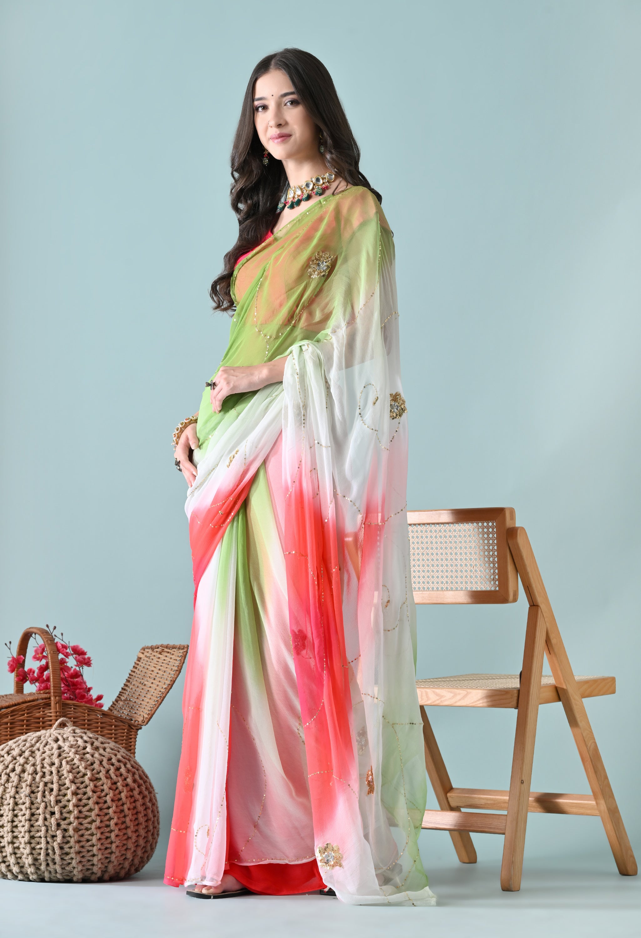Watermelon Tie & Dye Sequin Diamond Chiffon Saree
