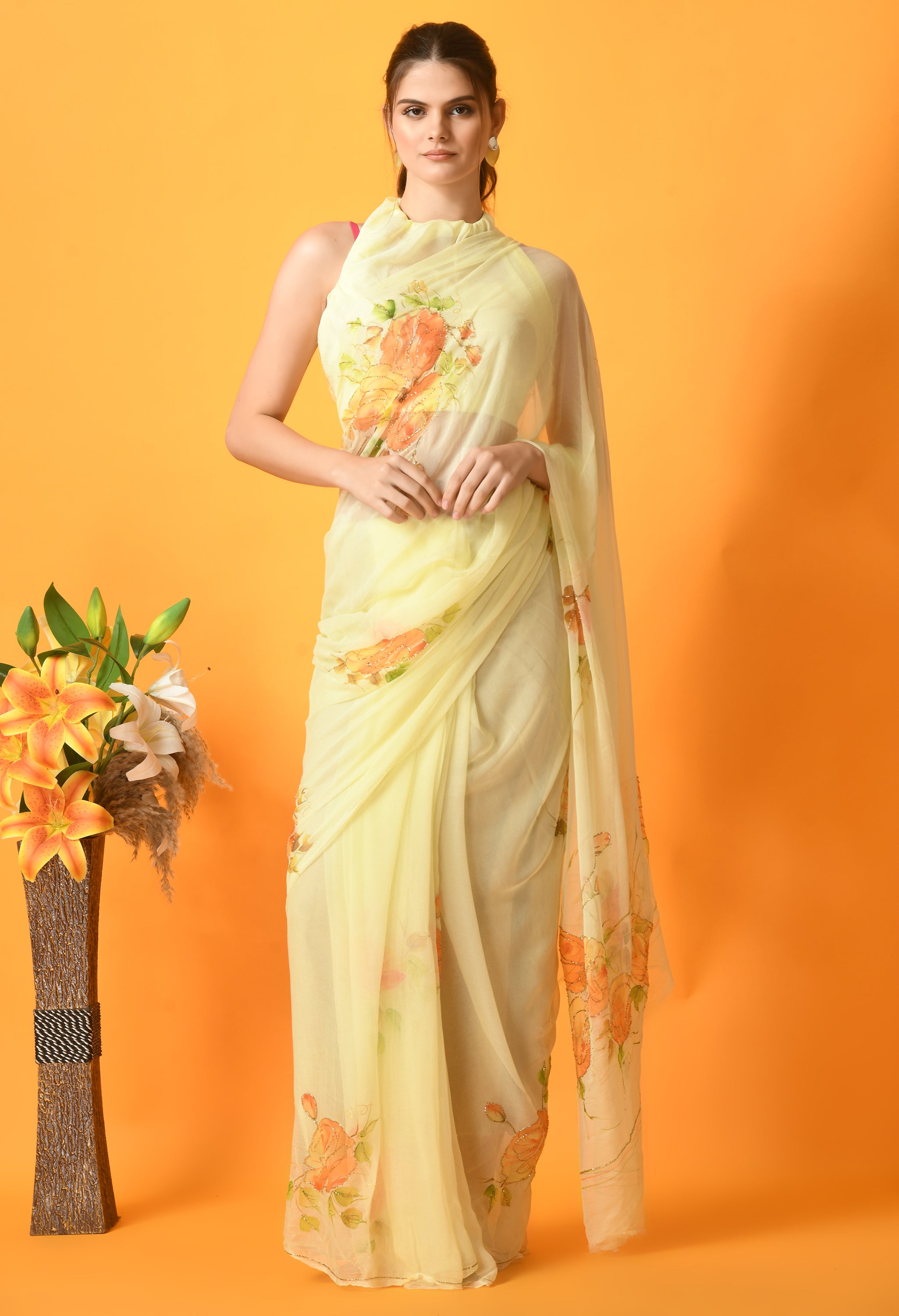 Mellow Yellow Hand Painted Chiffon Saree with Cut dana Work