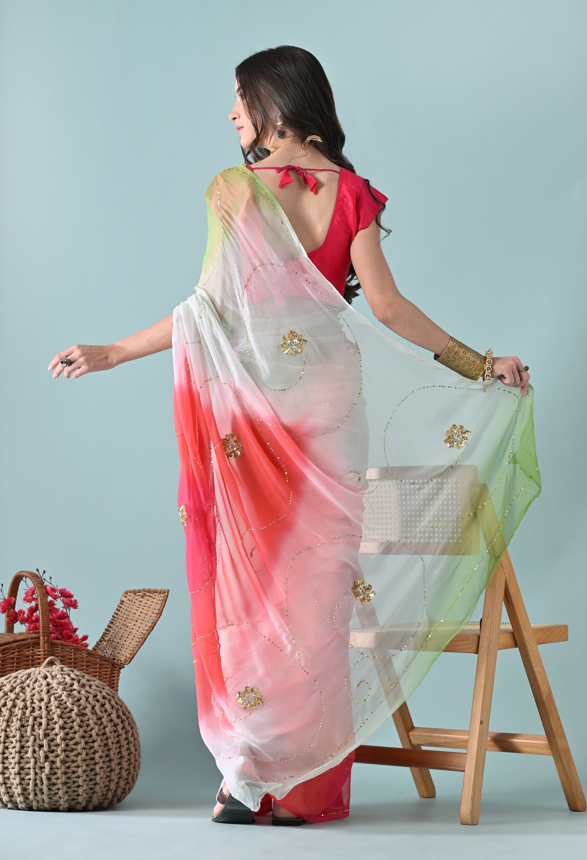 Watermelon Tie & Dye Sequin Diamond Chiffon Saree