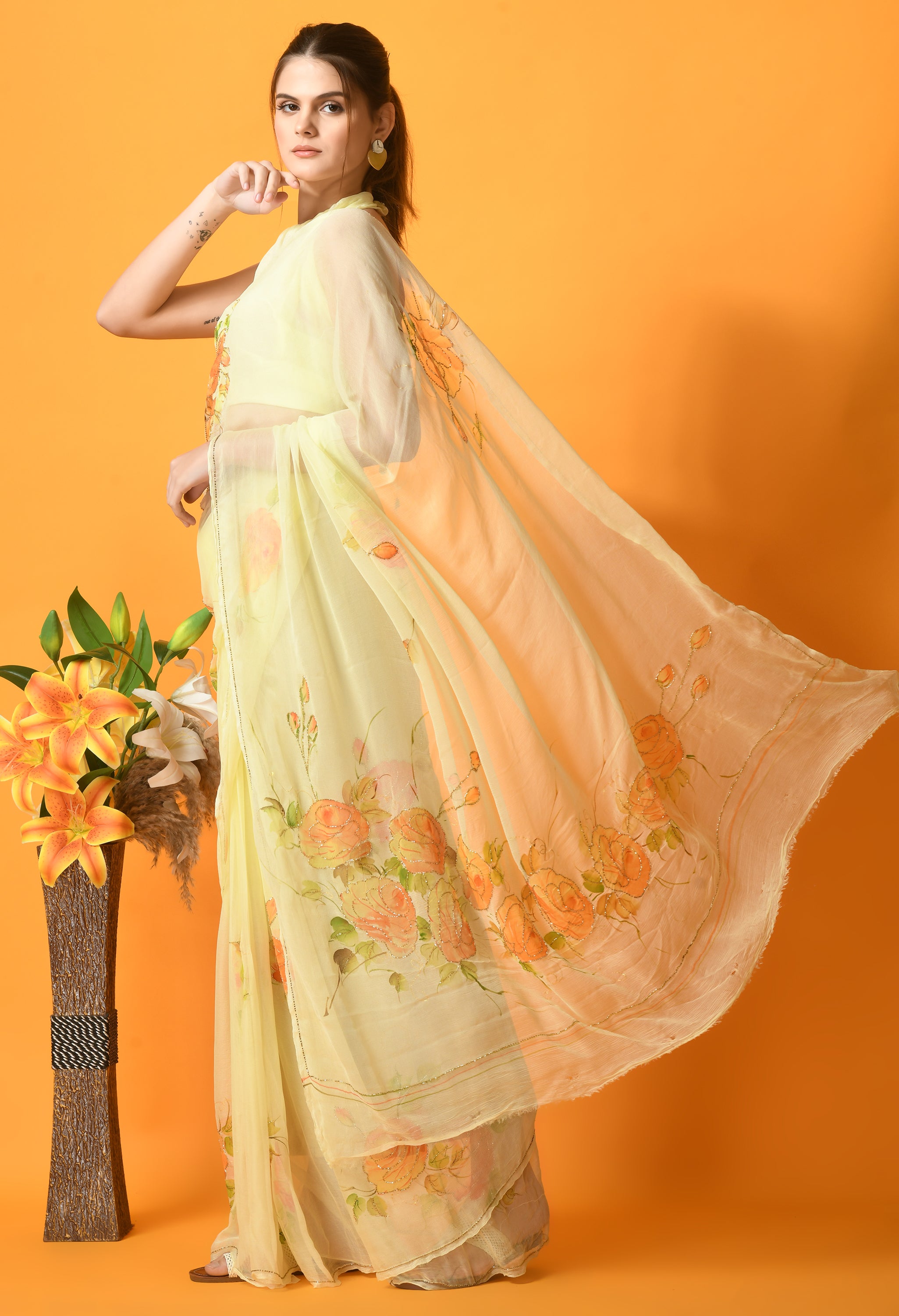 Mellow Yellow Hand Painted Chiffon Saree with Cut dana Work