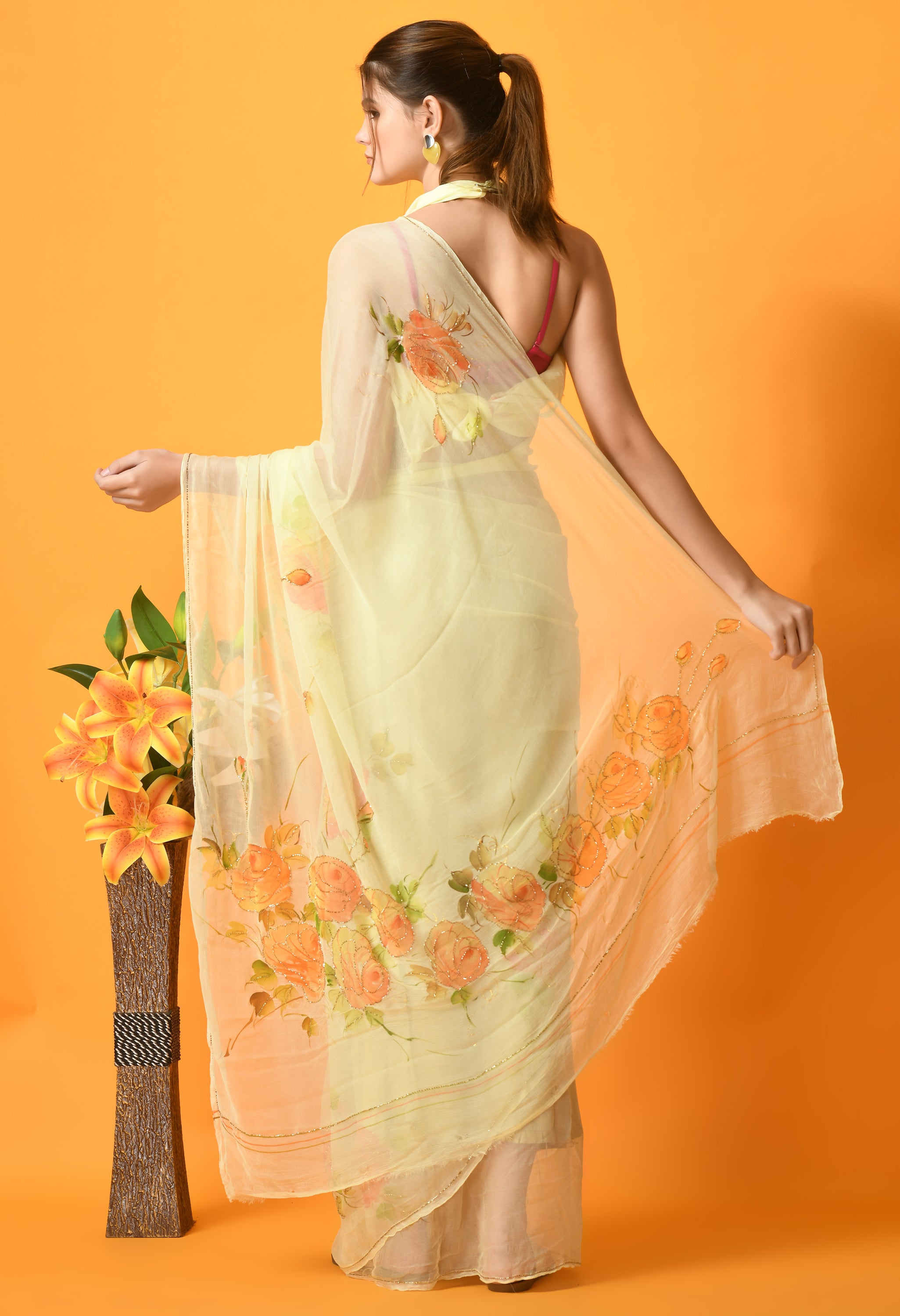 Mellow Yellow Hand Painted Chiffon Saree with Cut dana Work