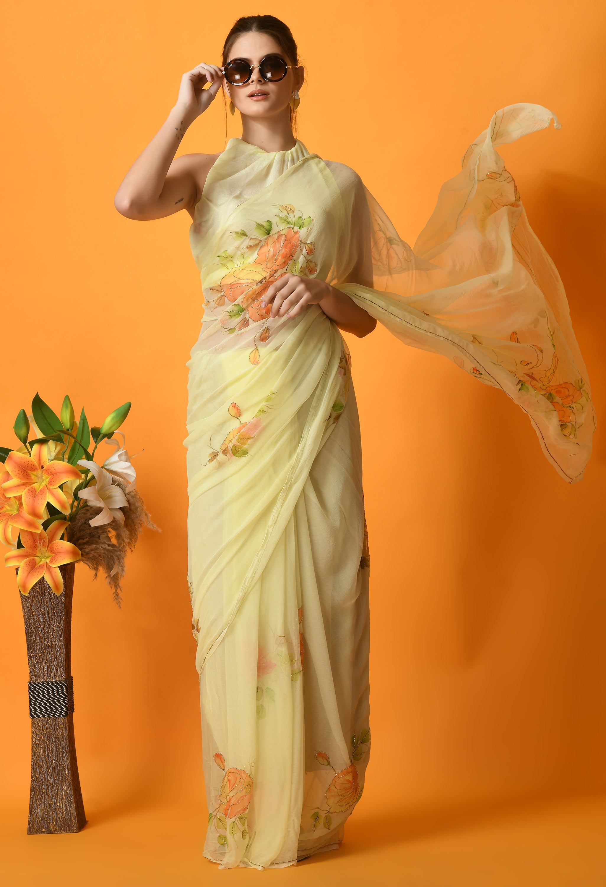 Mellow Yellow Hand Painted Chiffon Saree with Cut dana Work