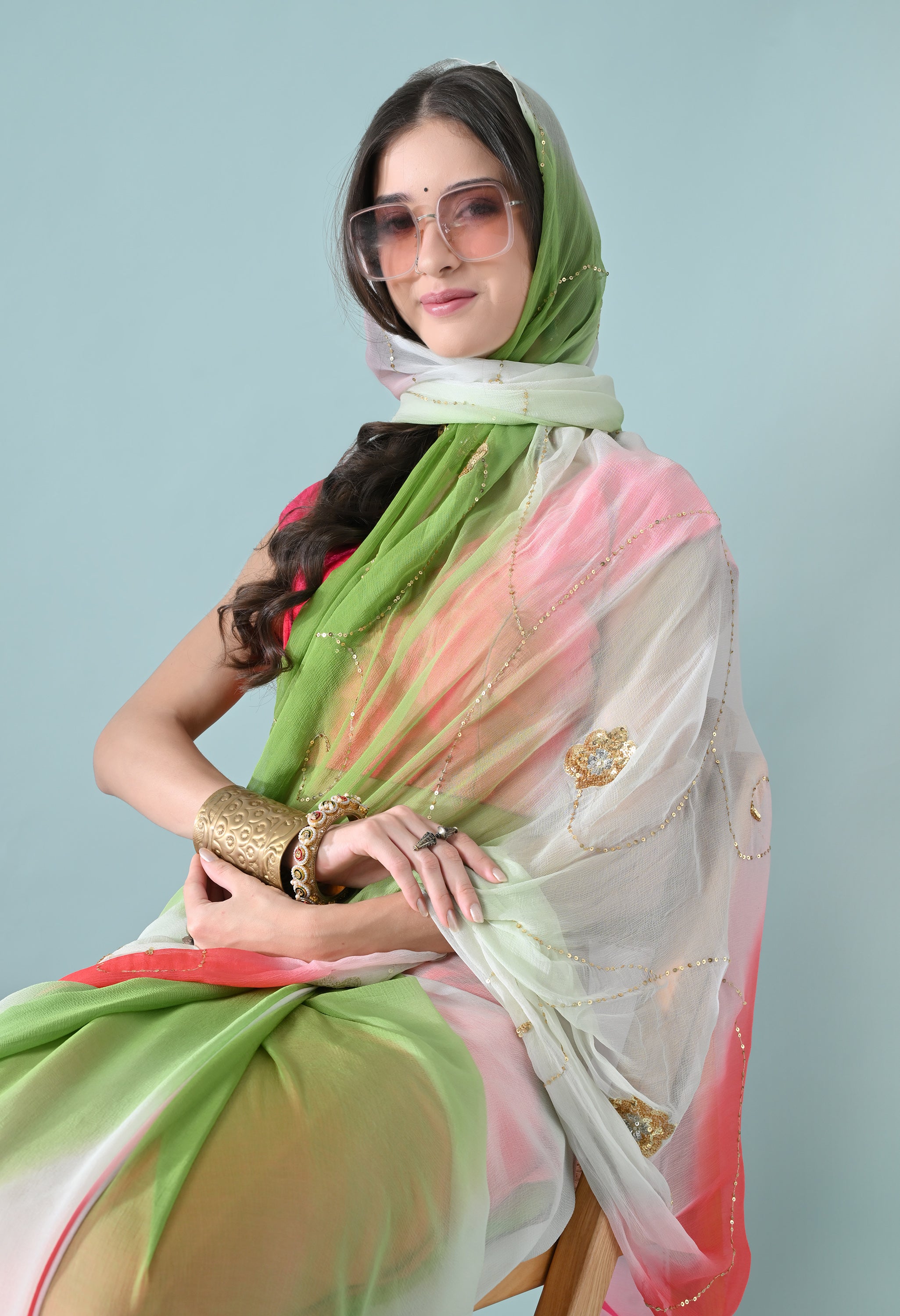 Watermelon Tie & Dye Sequin Diamond Chiffon Saree
