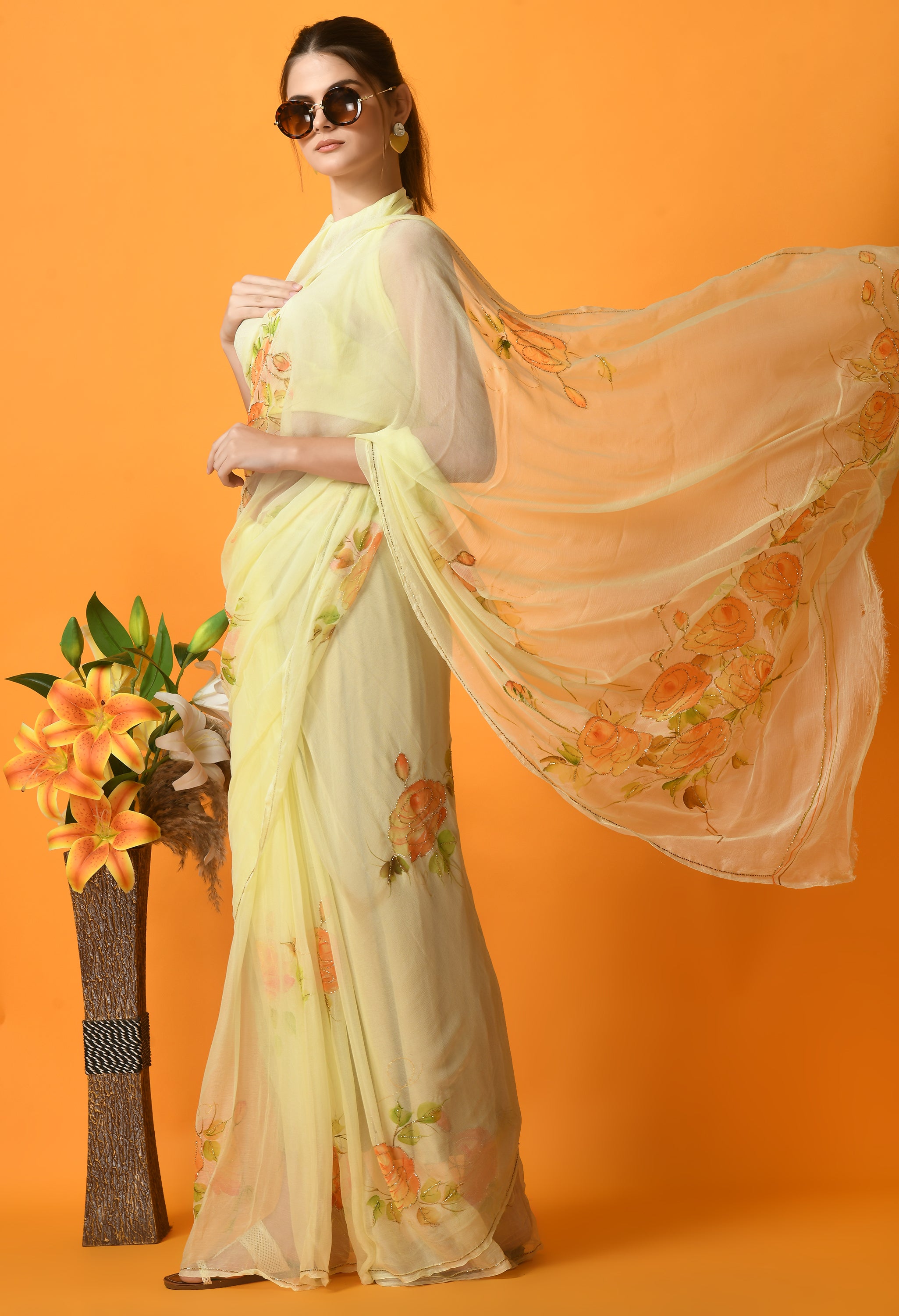 Mellow Yellow Hand Painted Chiffon Saree with Cut dana Work