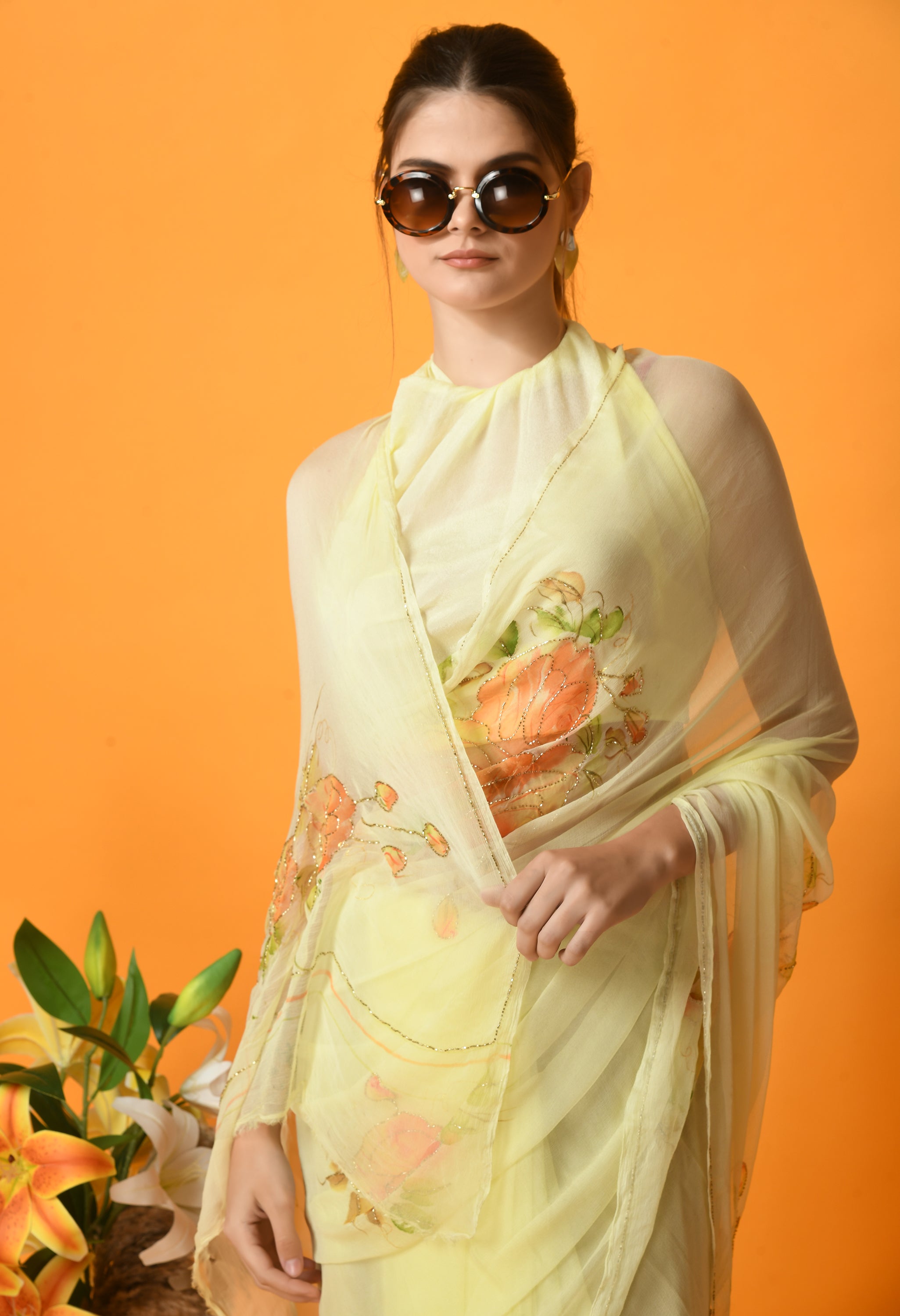 Mellow Yellow Hand Painted Chiffon Saree with Cut dana Work