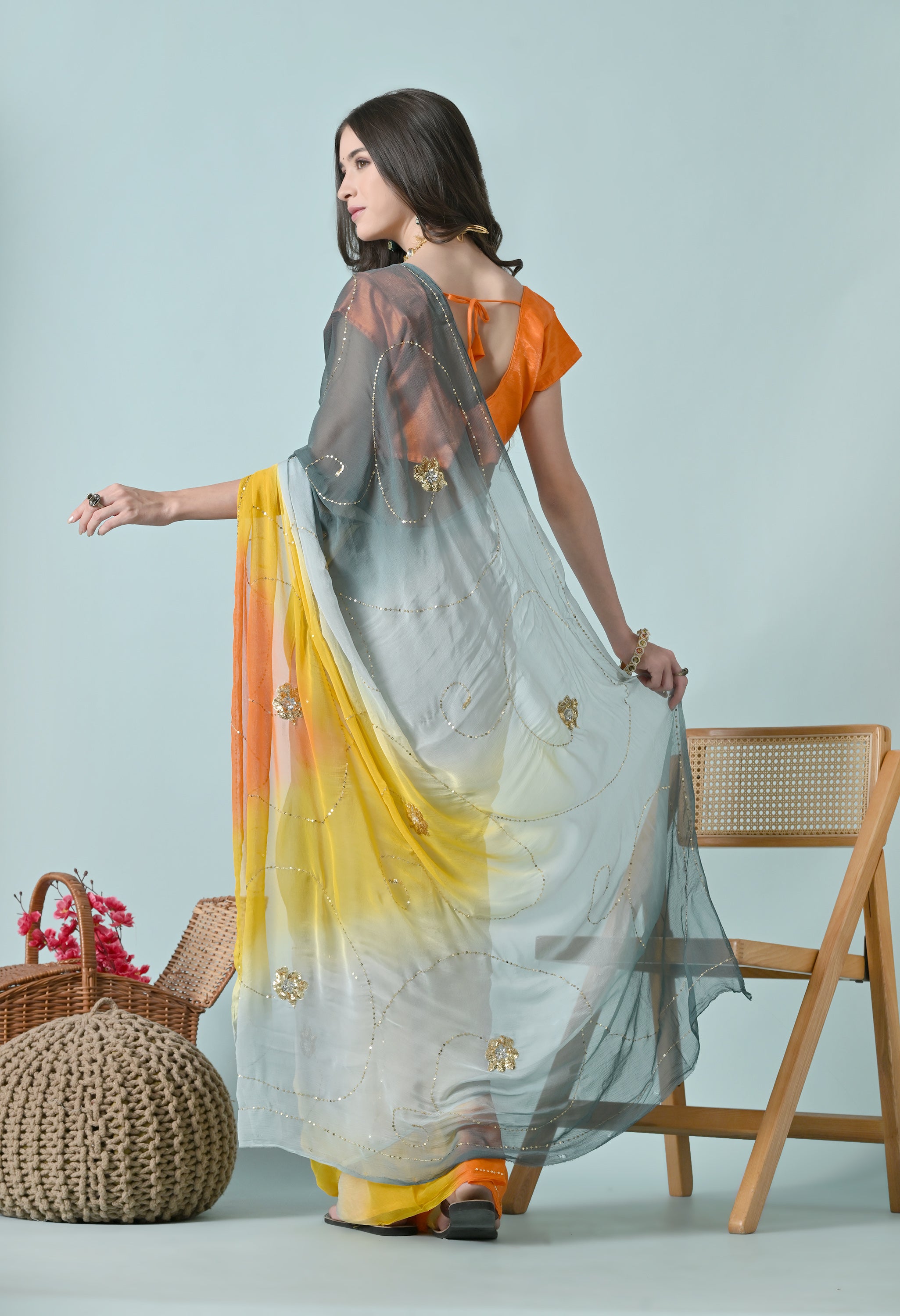 Old Tangelo Tie & Dye Sequin Diamond Chiffon Saree
