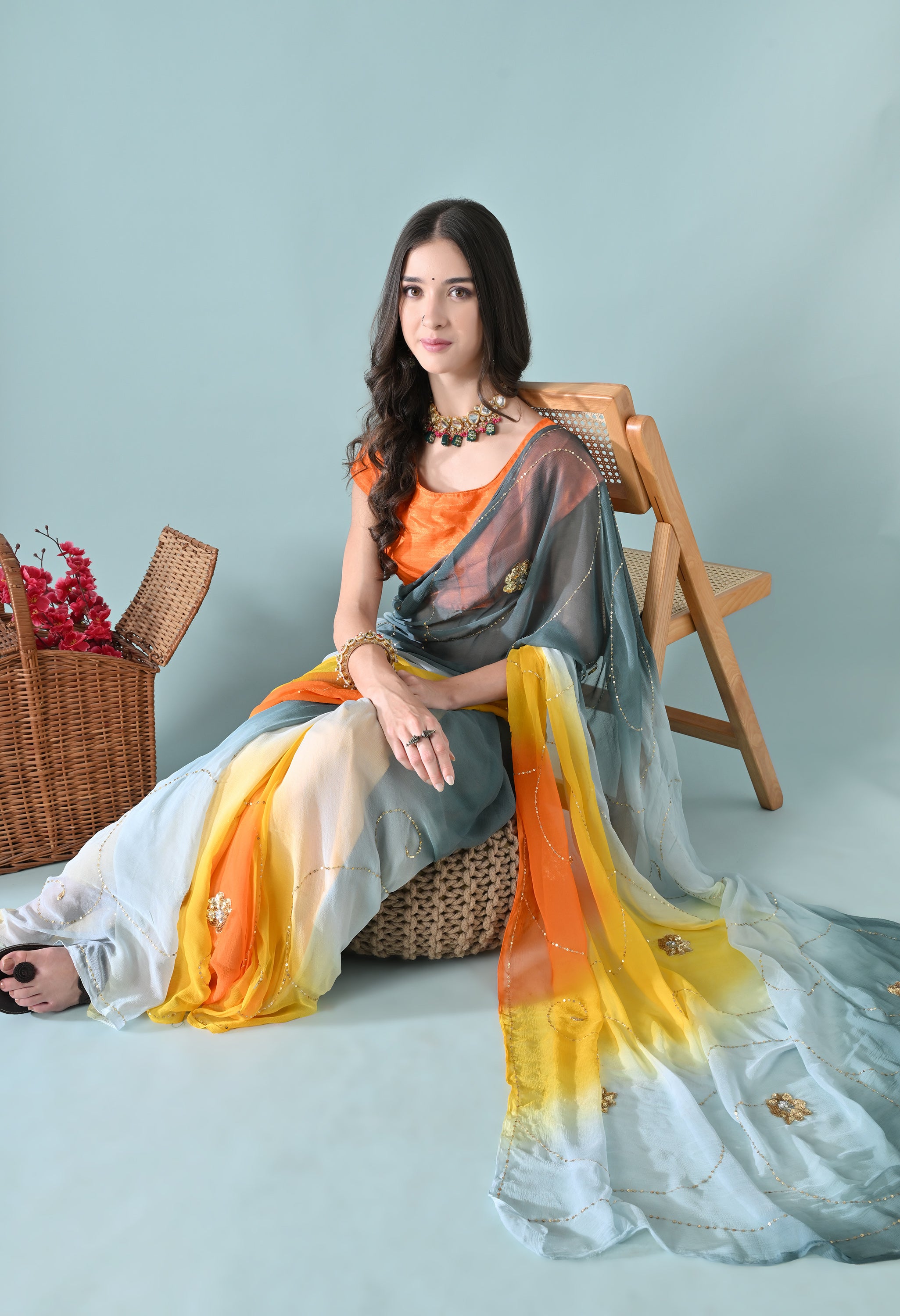 Old Tangelo Tie & Dye Sequin Diamond Chiffon Saree