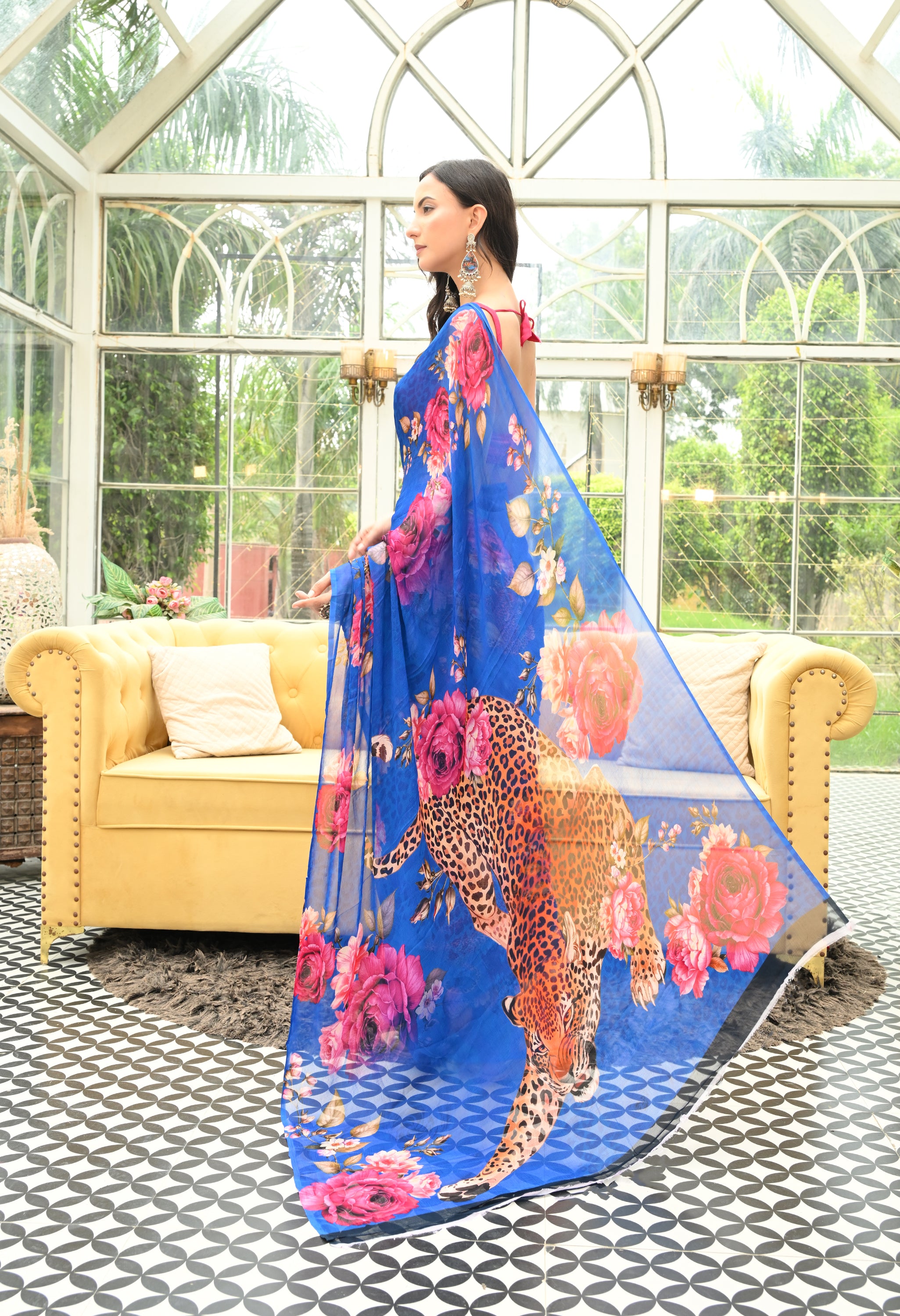 Cobalt Wildscape Pure Chiffon Saree