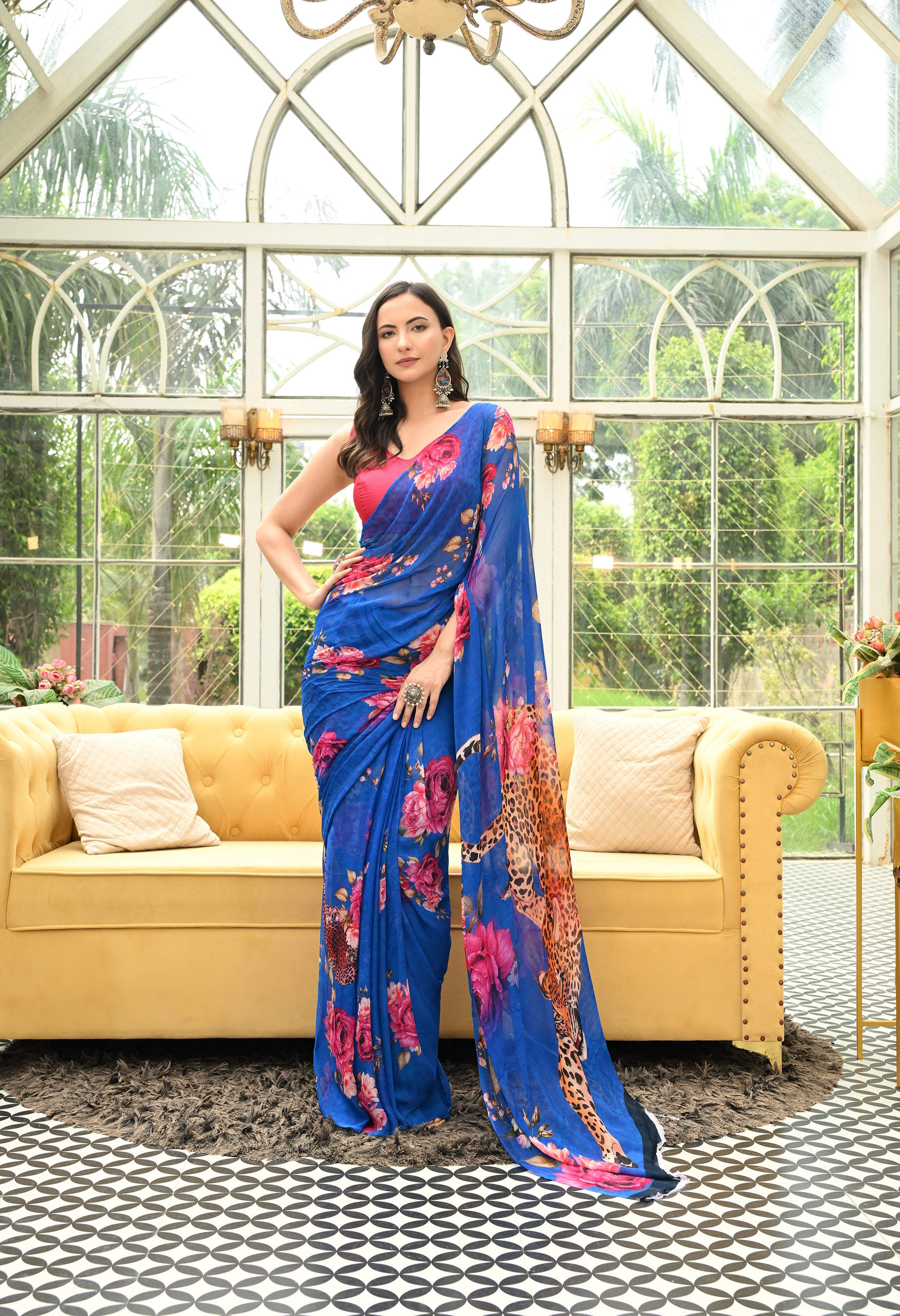Cobalt Wildscape Pure Chiffon Saree