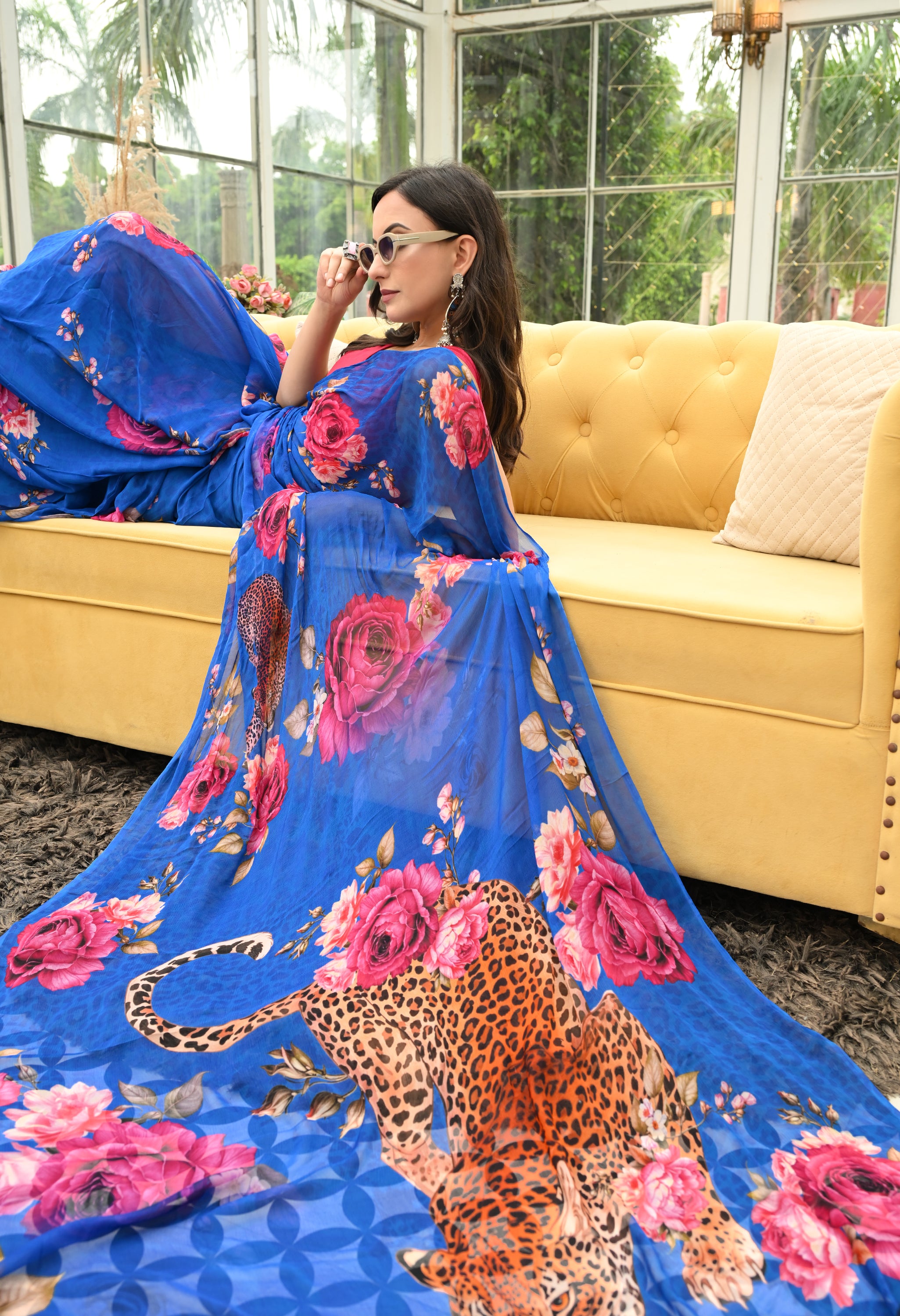 Cobalt Wildscape Pure Chiffon Saree