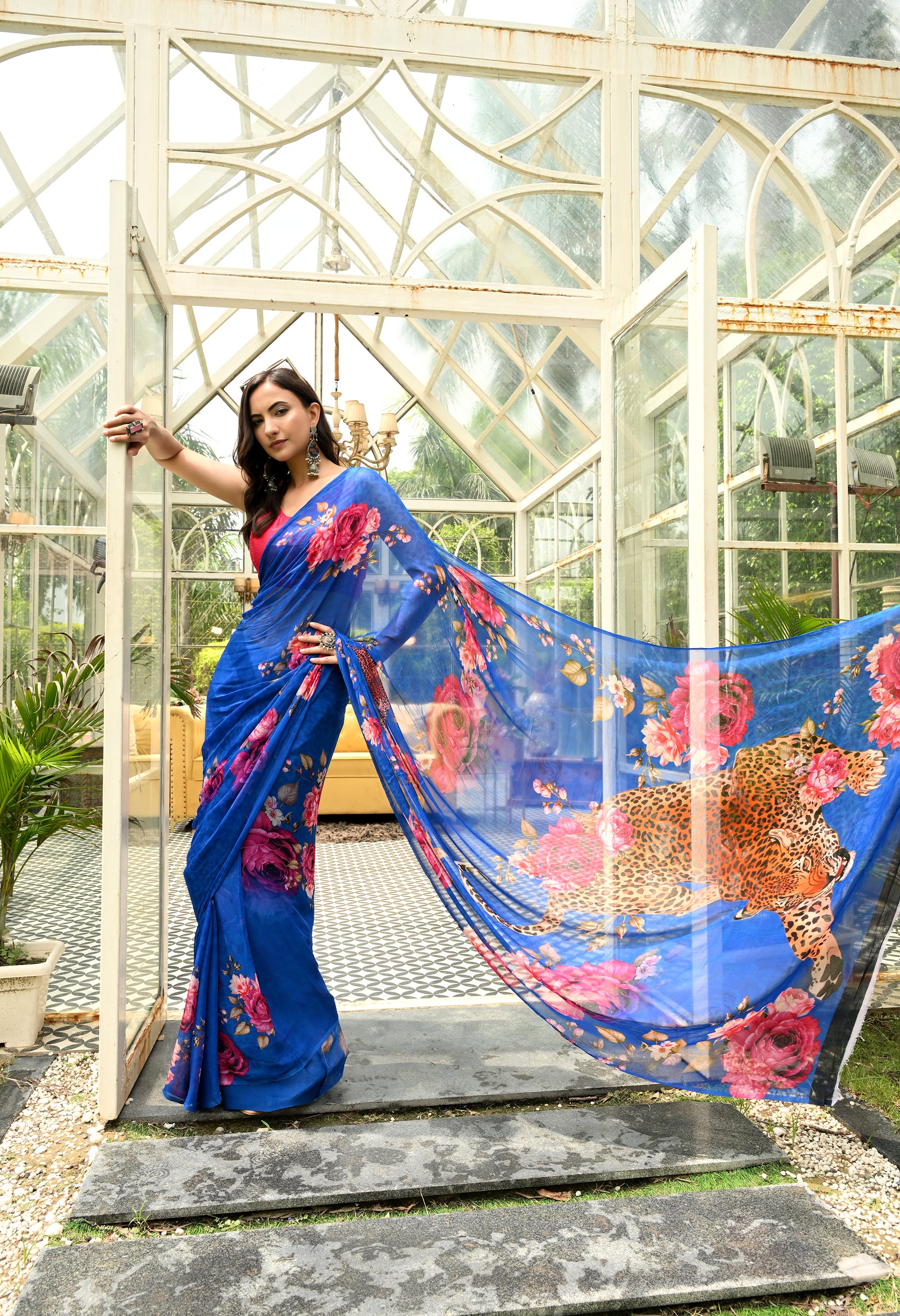 Cobalt Wildscape Pure Chiffon Saree