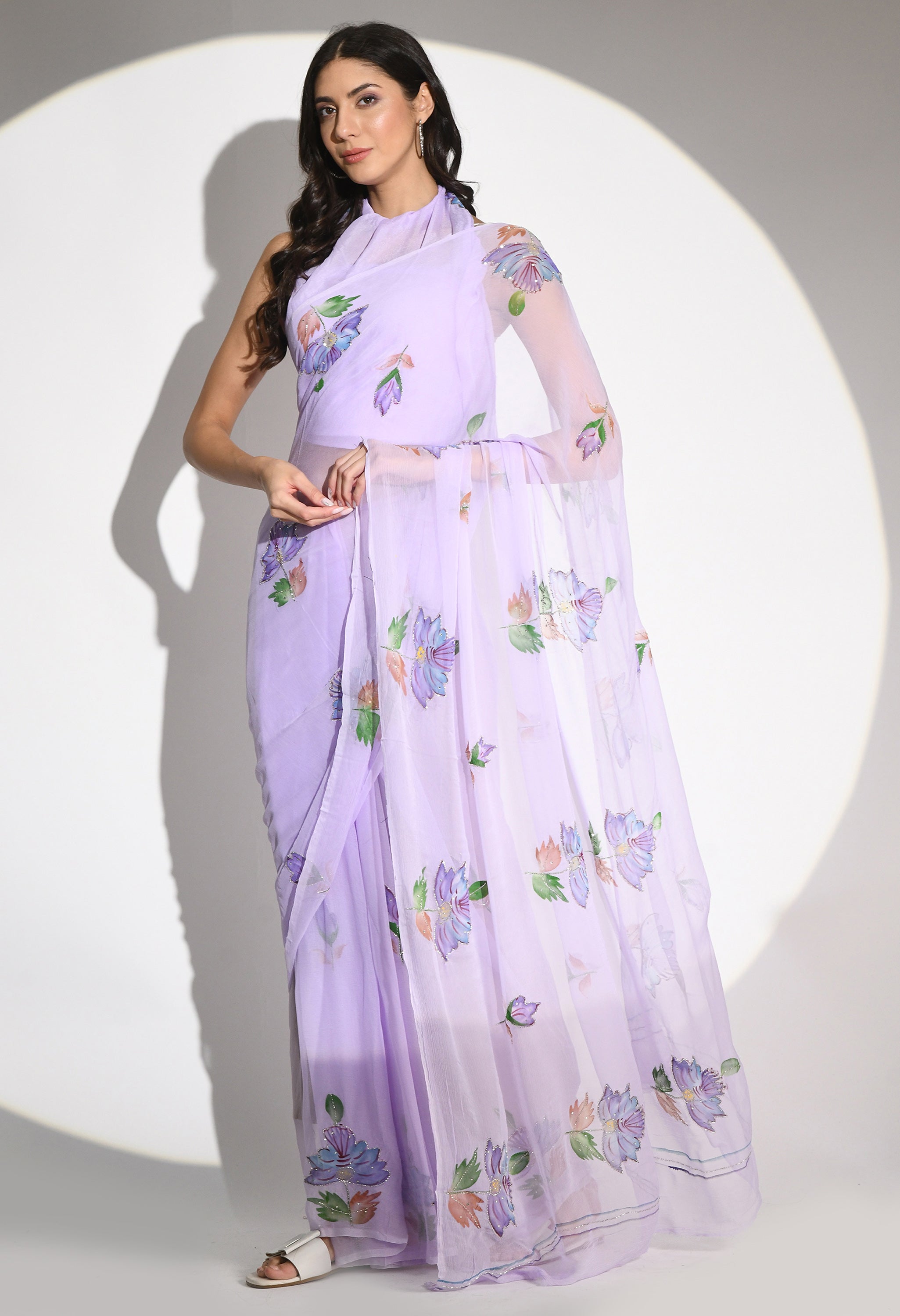 Floral Lavender Hand Painted Chiffon Saree with Cut dana Work