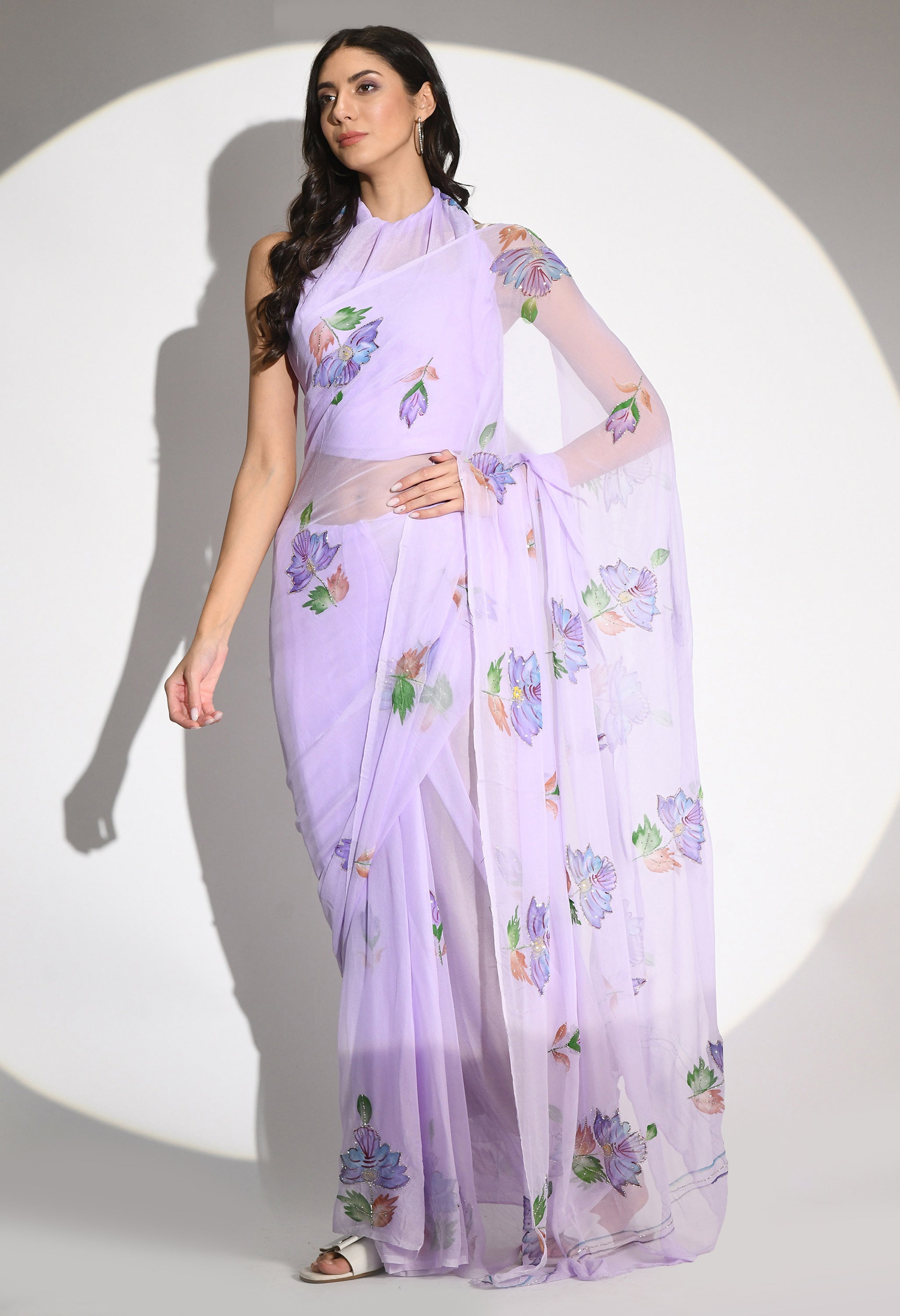 Floral Lavender Hand Painted Chiffon Saree with Cut dana Work