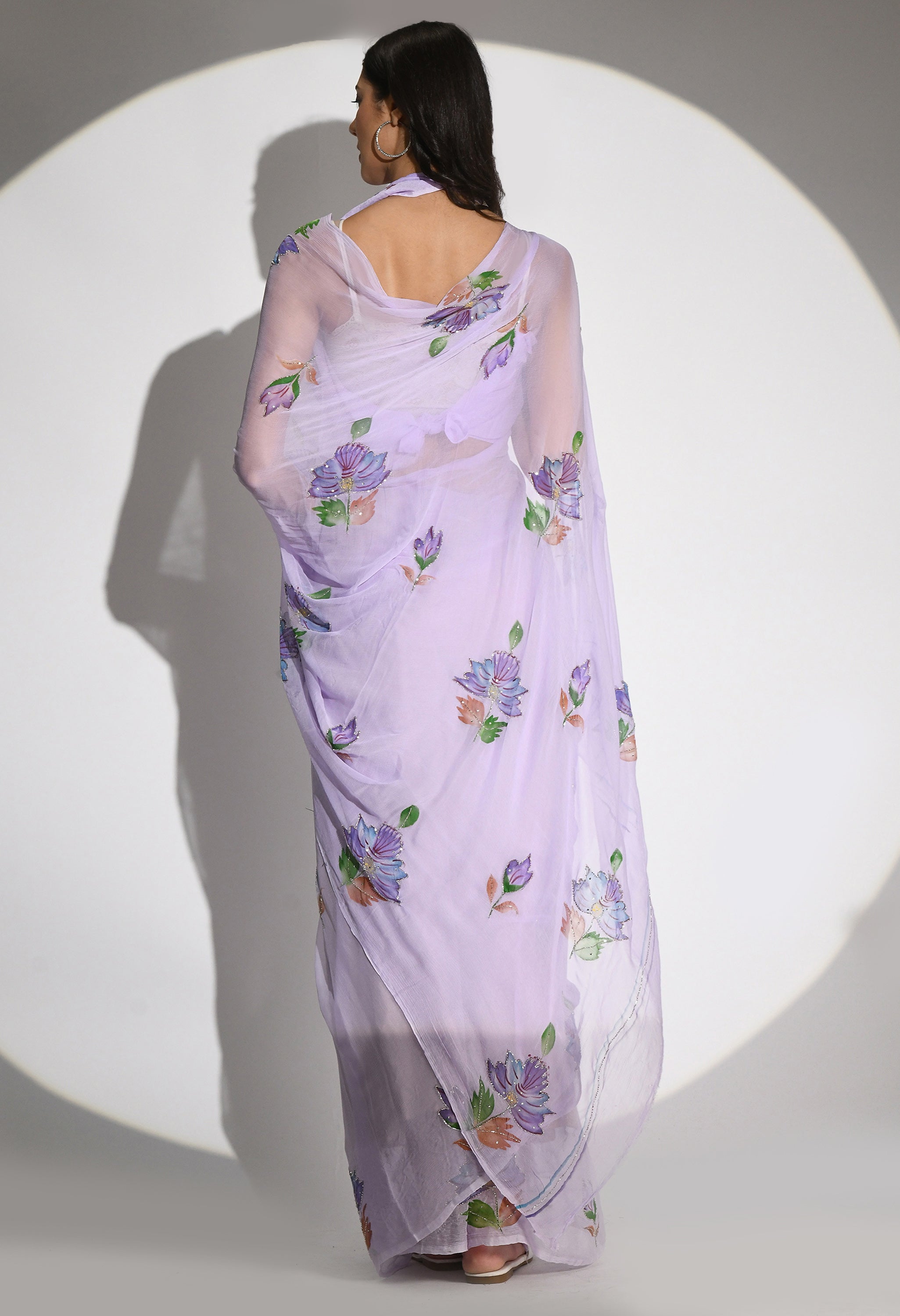 Floral Lavender Hand Painted Chiffon Saree with Cut dana Work