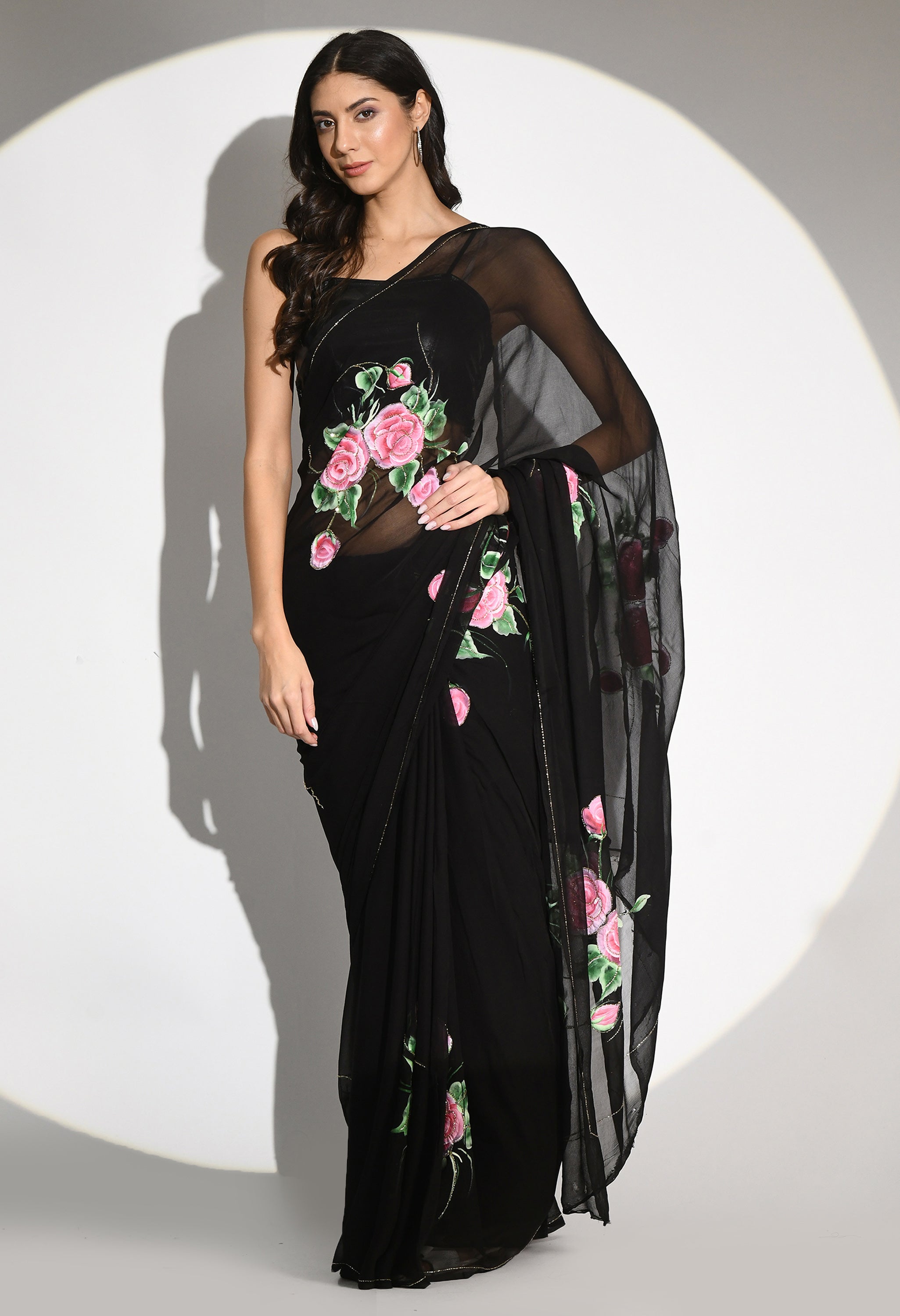 Black Rose Hand Painted Chiffon Saree