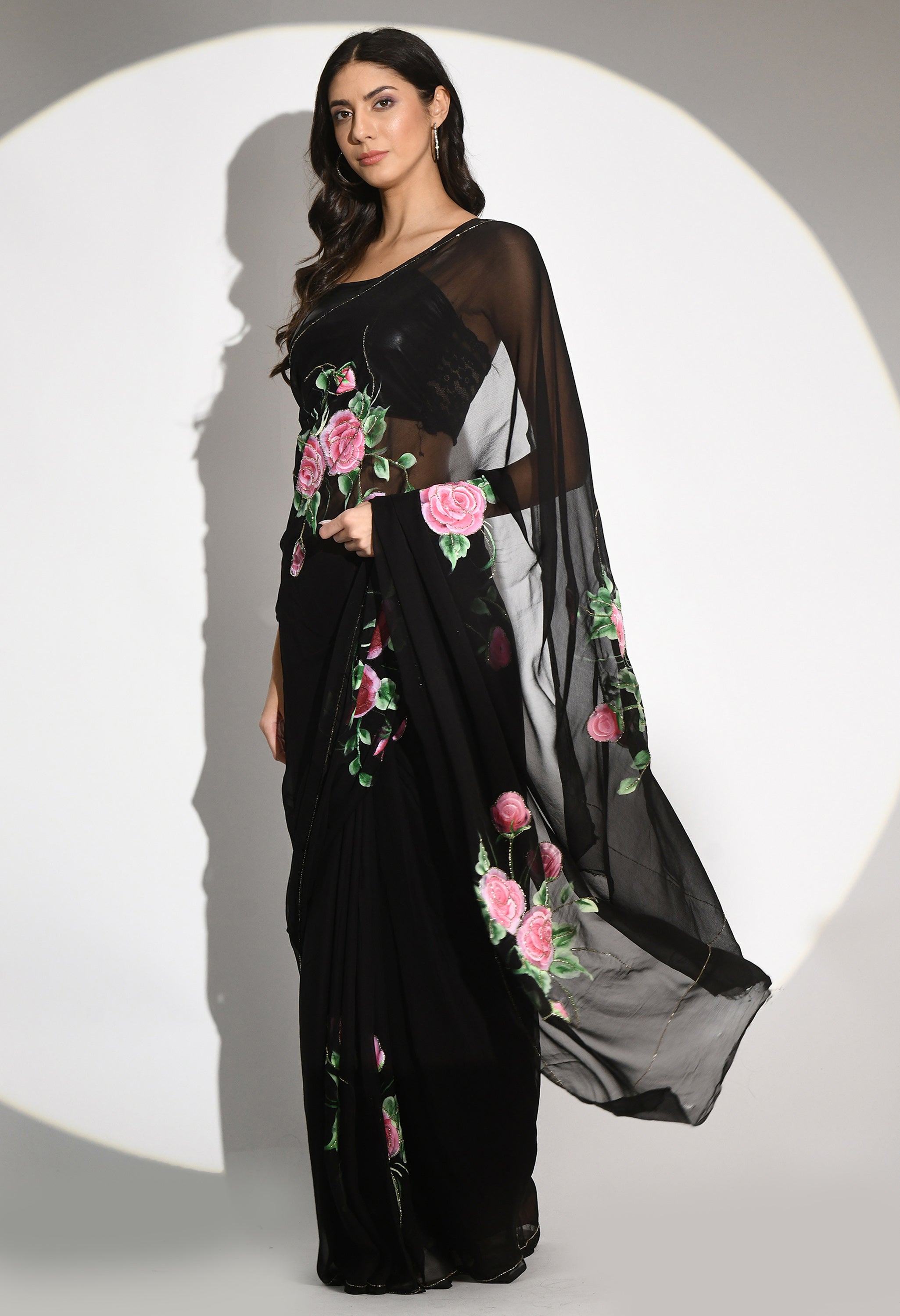 Black Rose Hand Painted Chiffon Saree