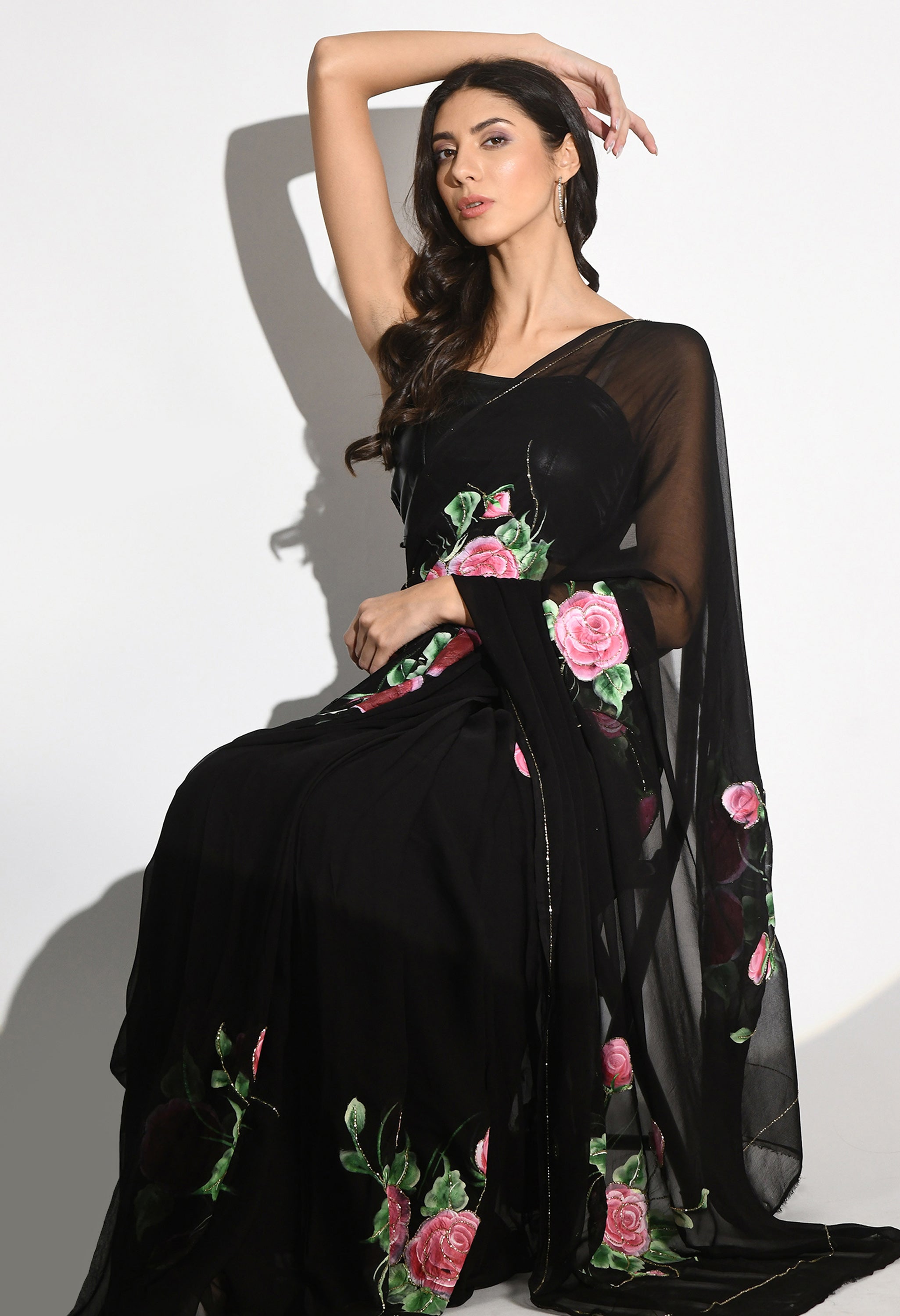 Black Rose Hand Painted Chiffon Saree