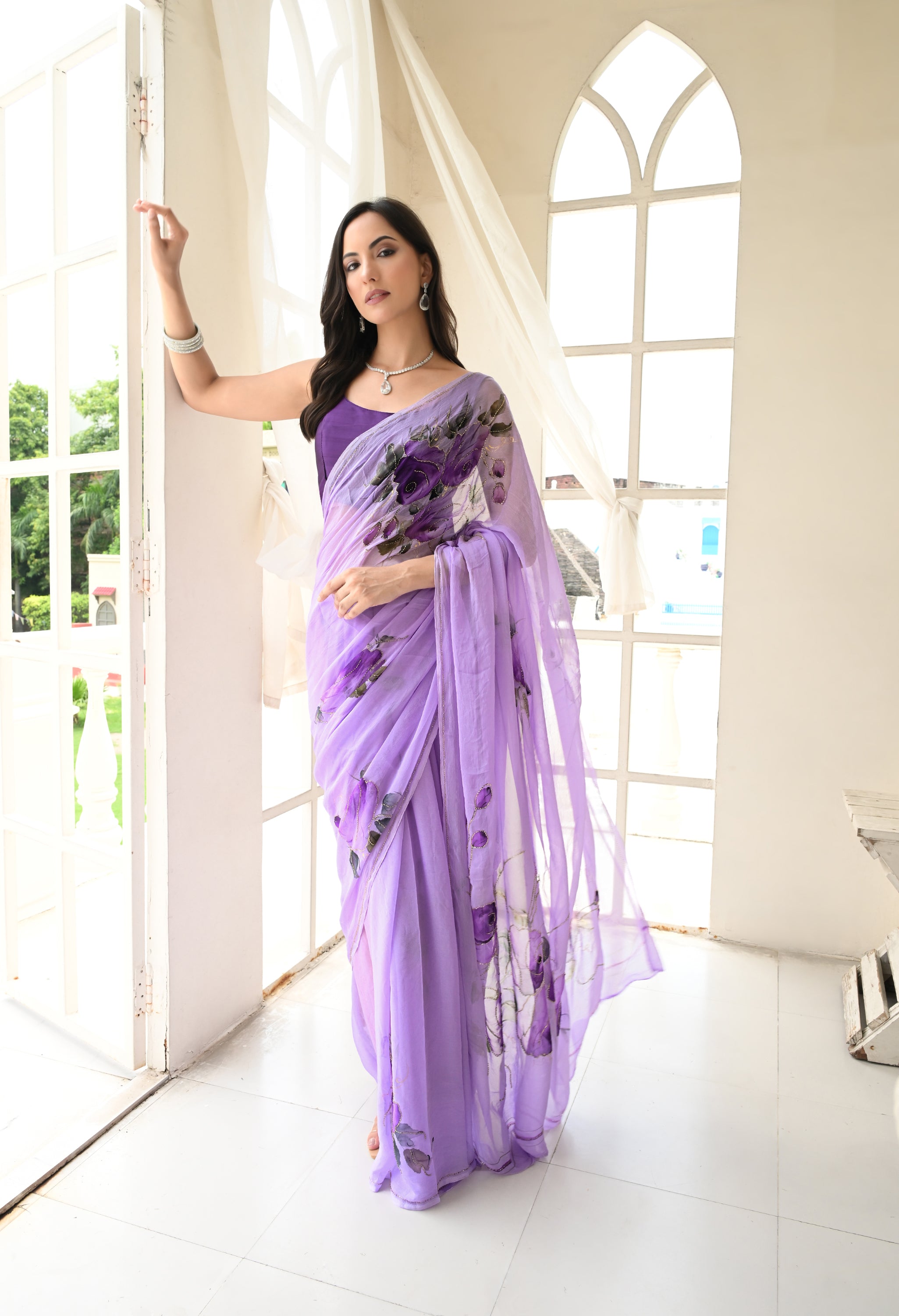 Amethyst Trail Pure Chiffon Saree