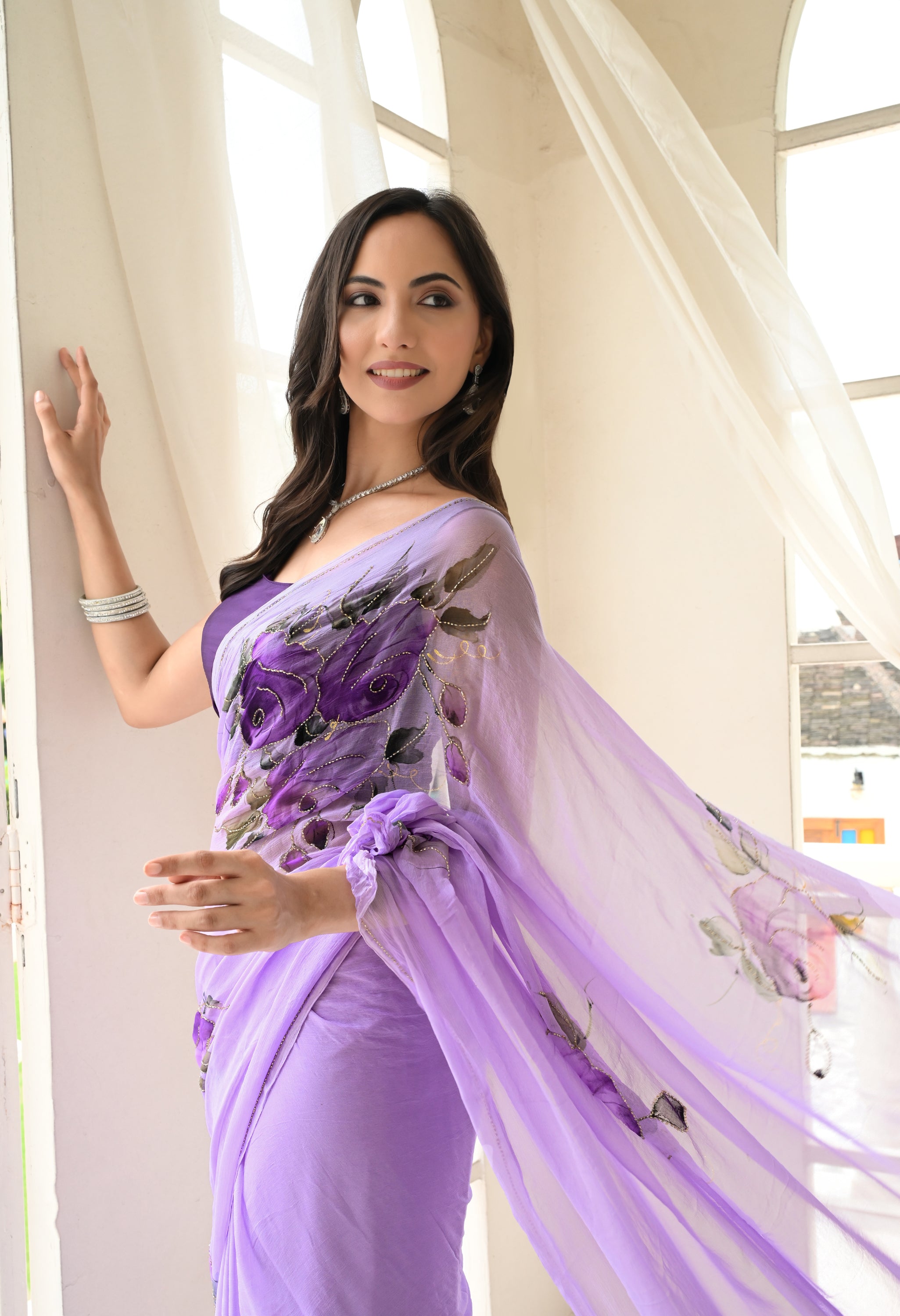 Amethyst Trail Pure Chiffon Saree