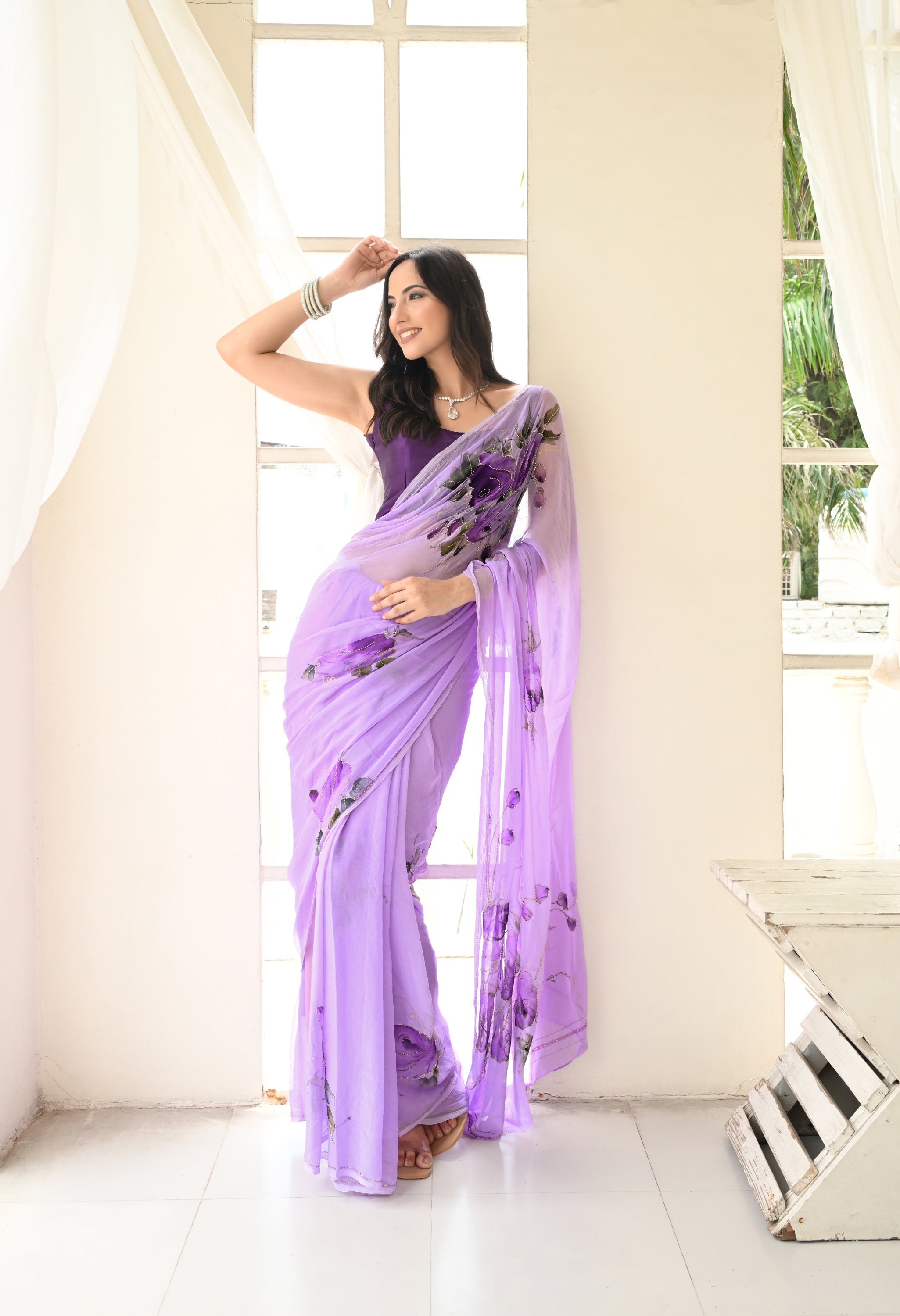 Amethyst Trail Pure Chiffon Saree