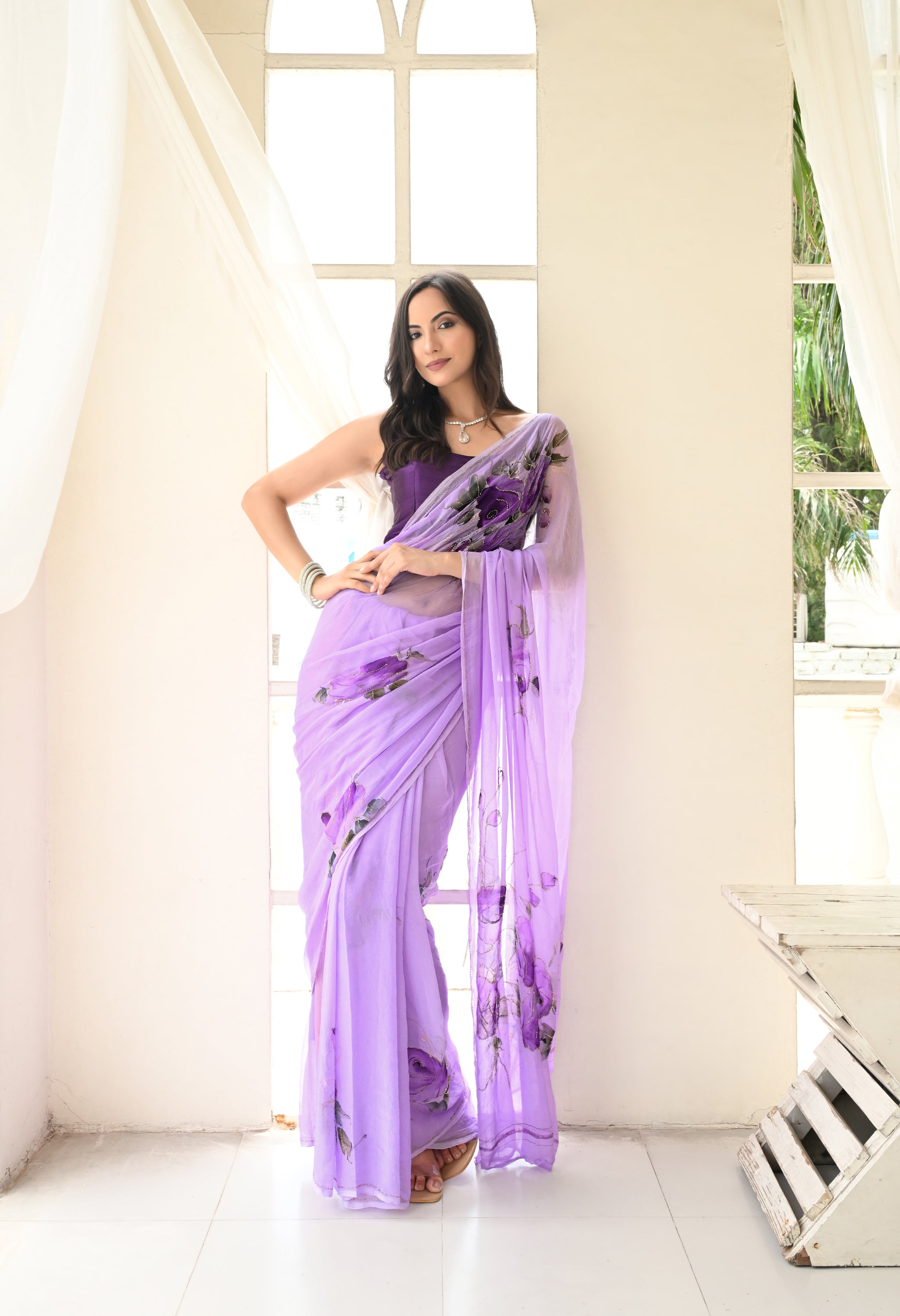 Amethyst Trail Pure Chiffon Saree