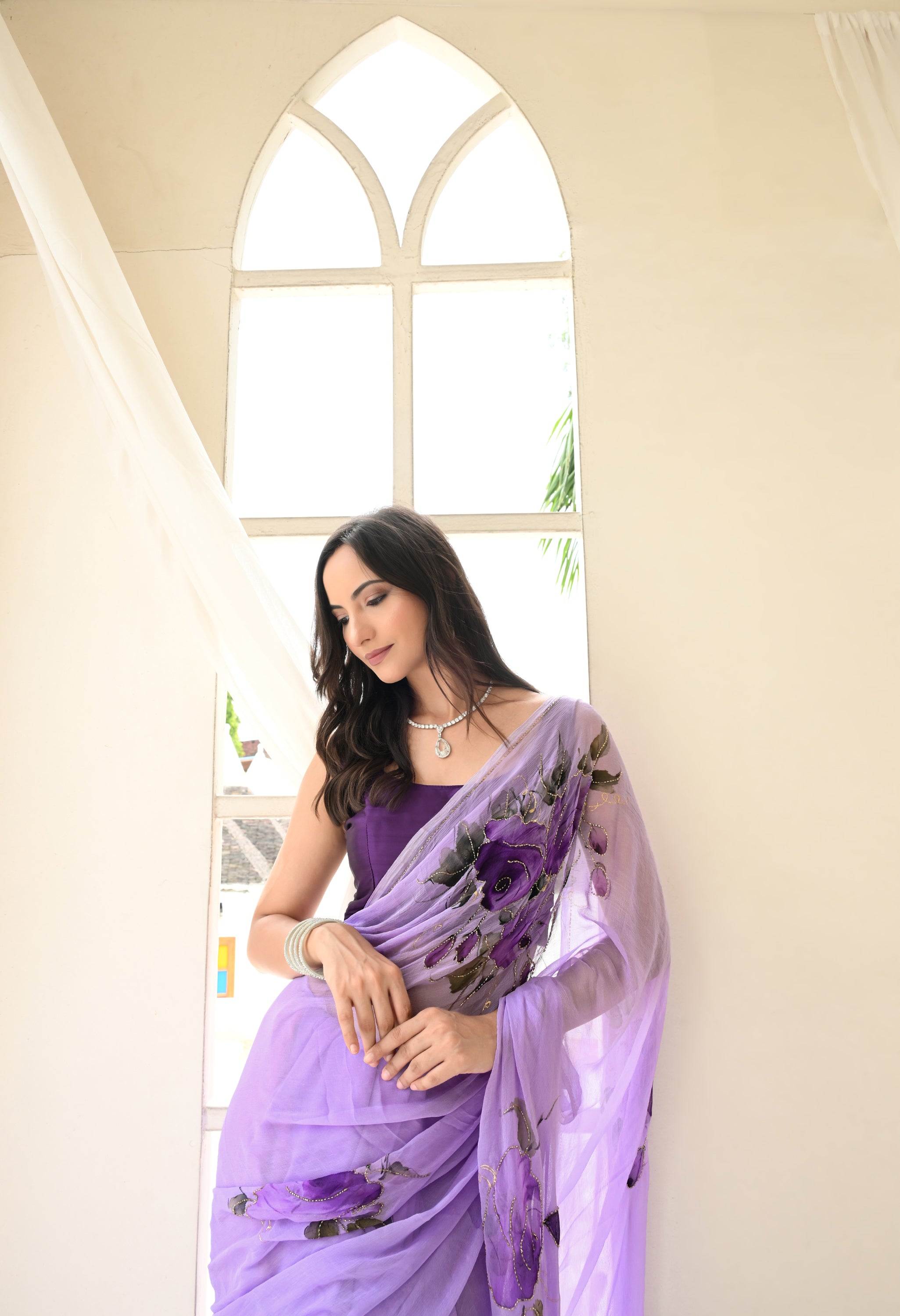 Amethyst Trail Pure Chiffon Saree