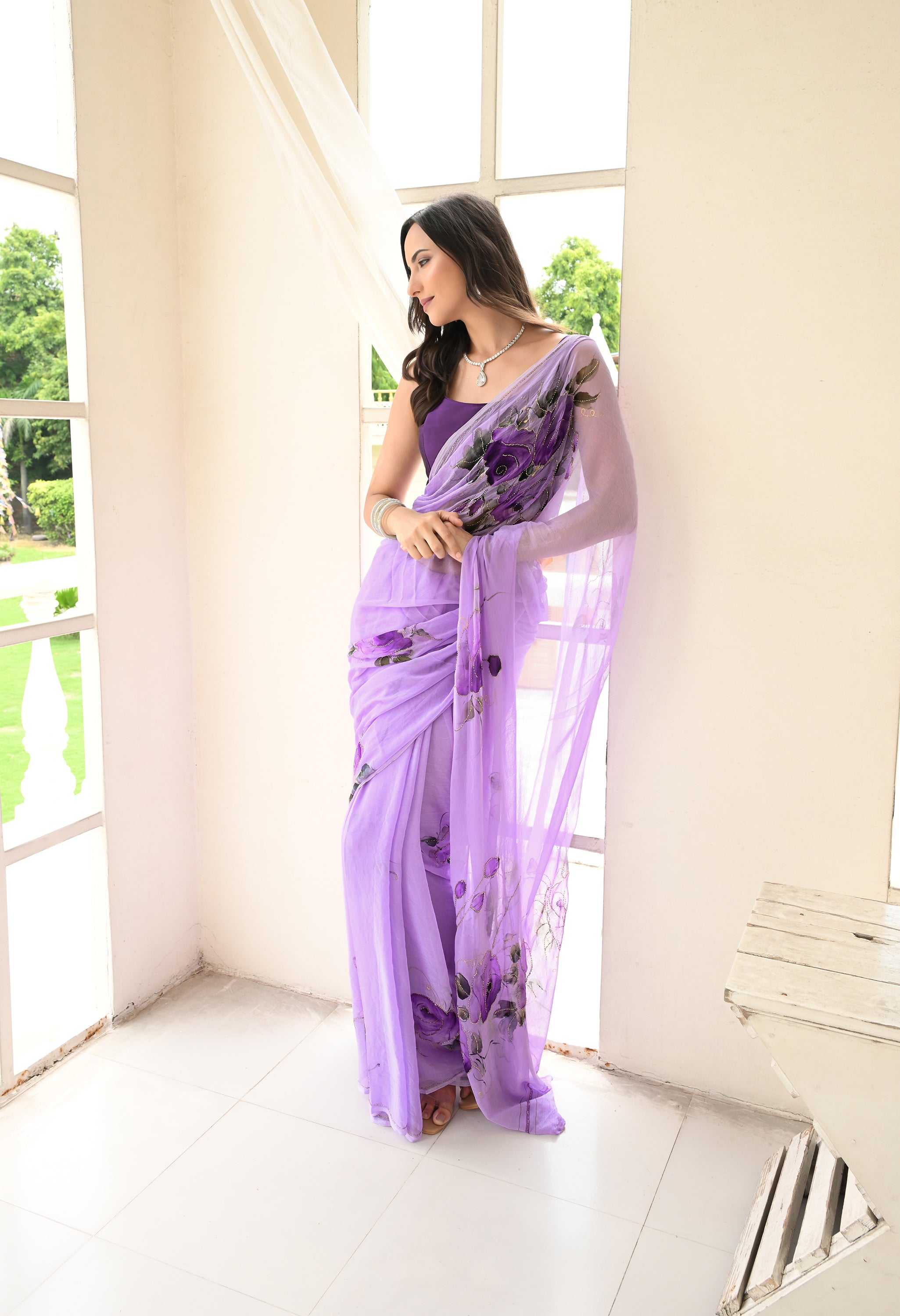 Amethyst Trail Pure Chiffon Saree