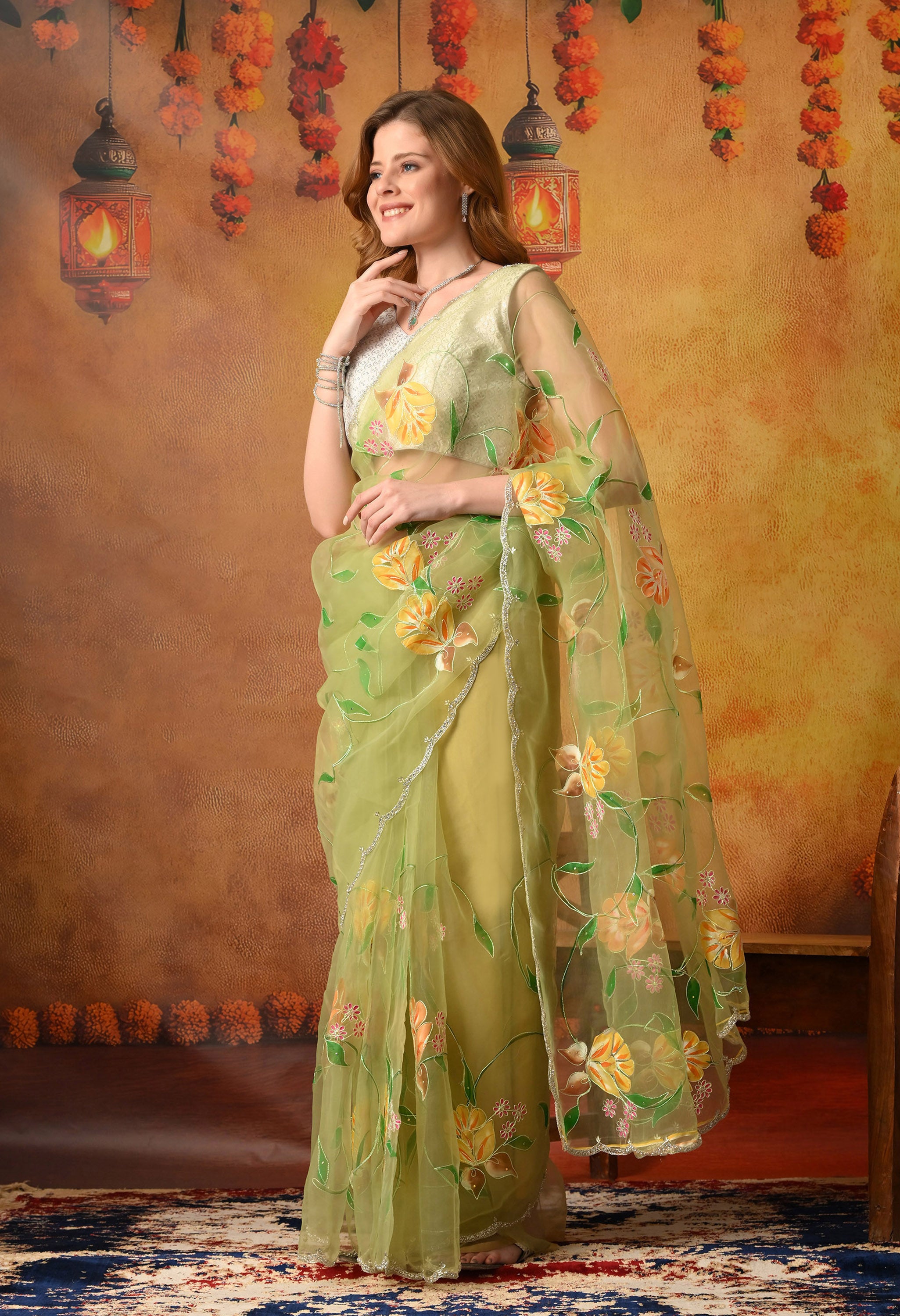 Hand Printed Green Organza Saree