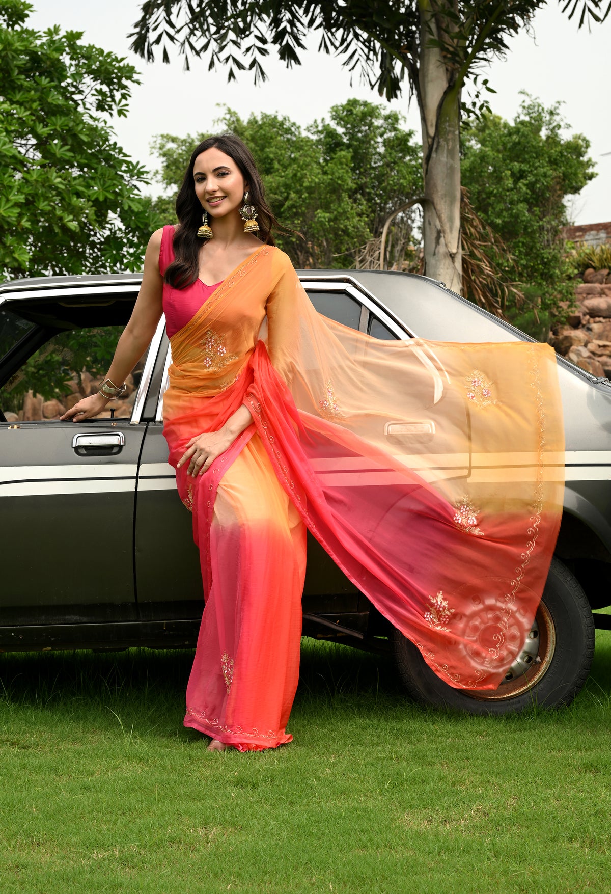 Coral Mist Tie & Dye Italian Chiffon Saree