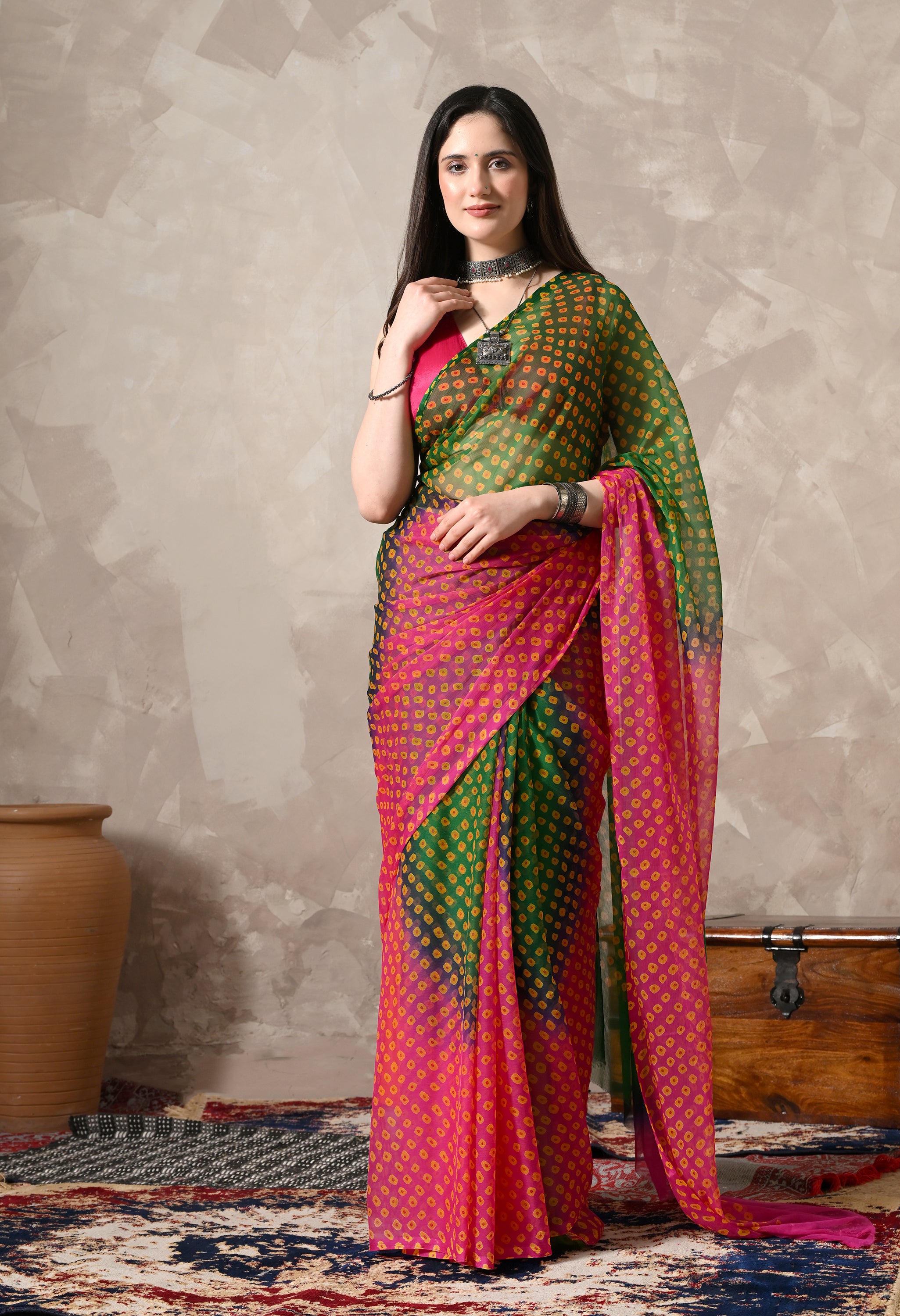 Pink & Green Chiffon Bandhej Print Saree