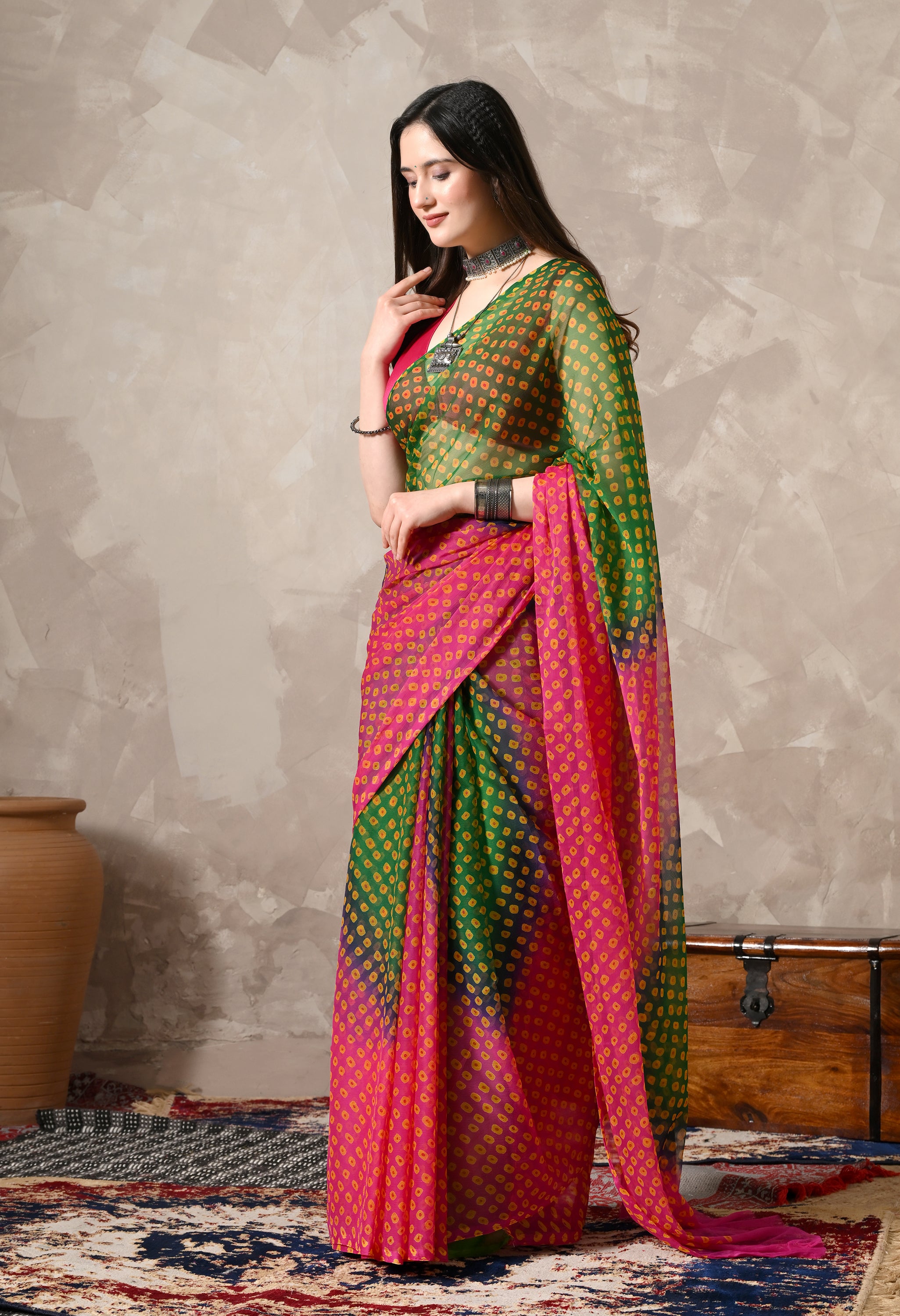 Pink & Green Chiffon Bandhej Print Saree