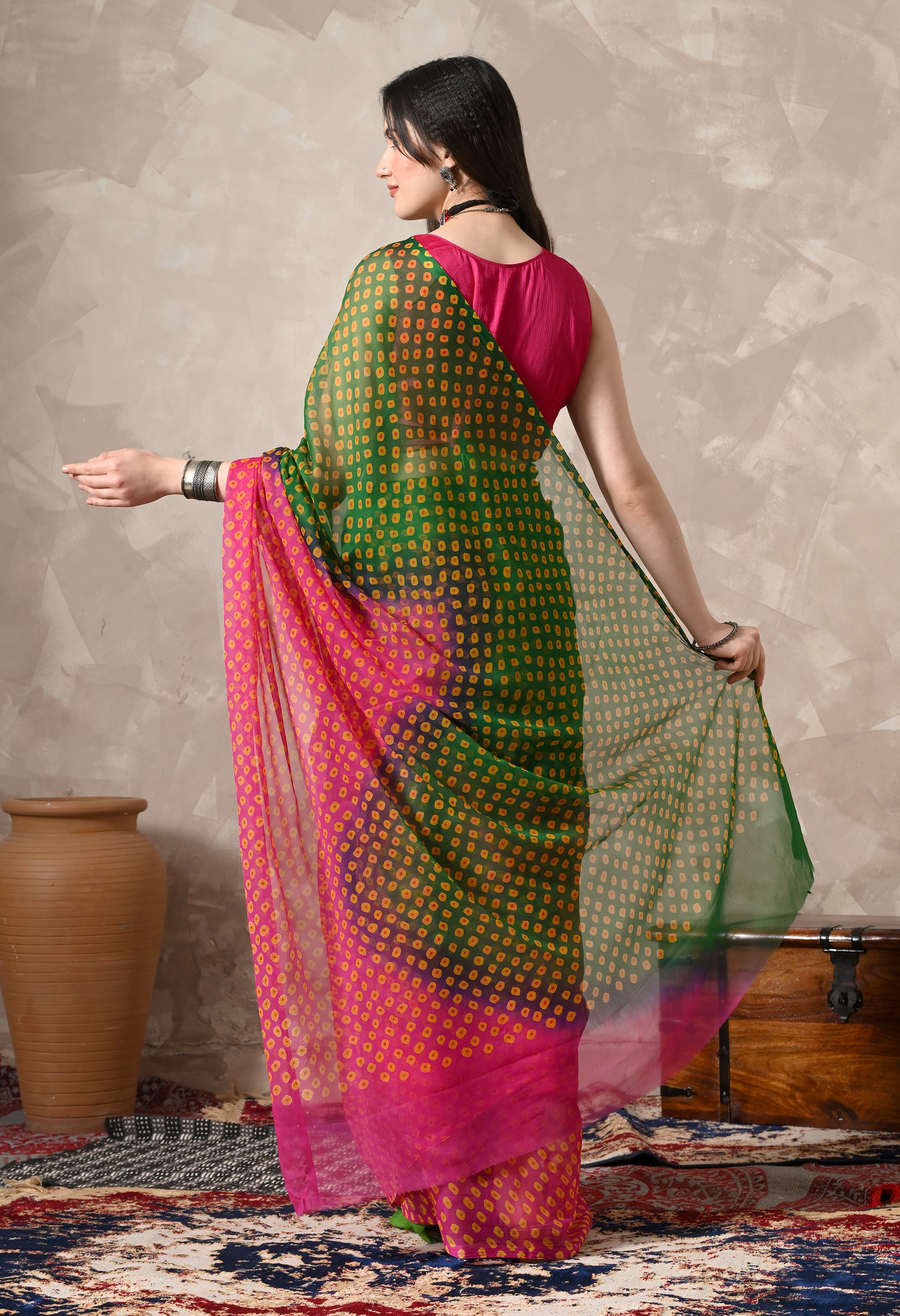 Pink & Green Chiffon Bandhej Print Saree