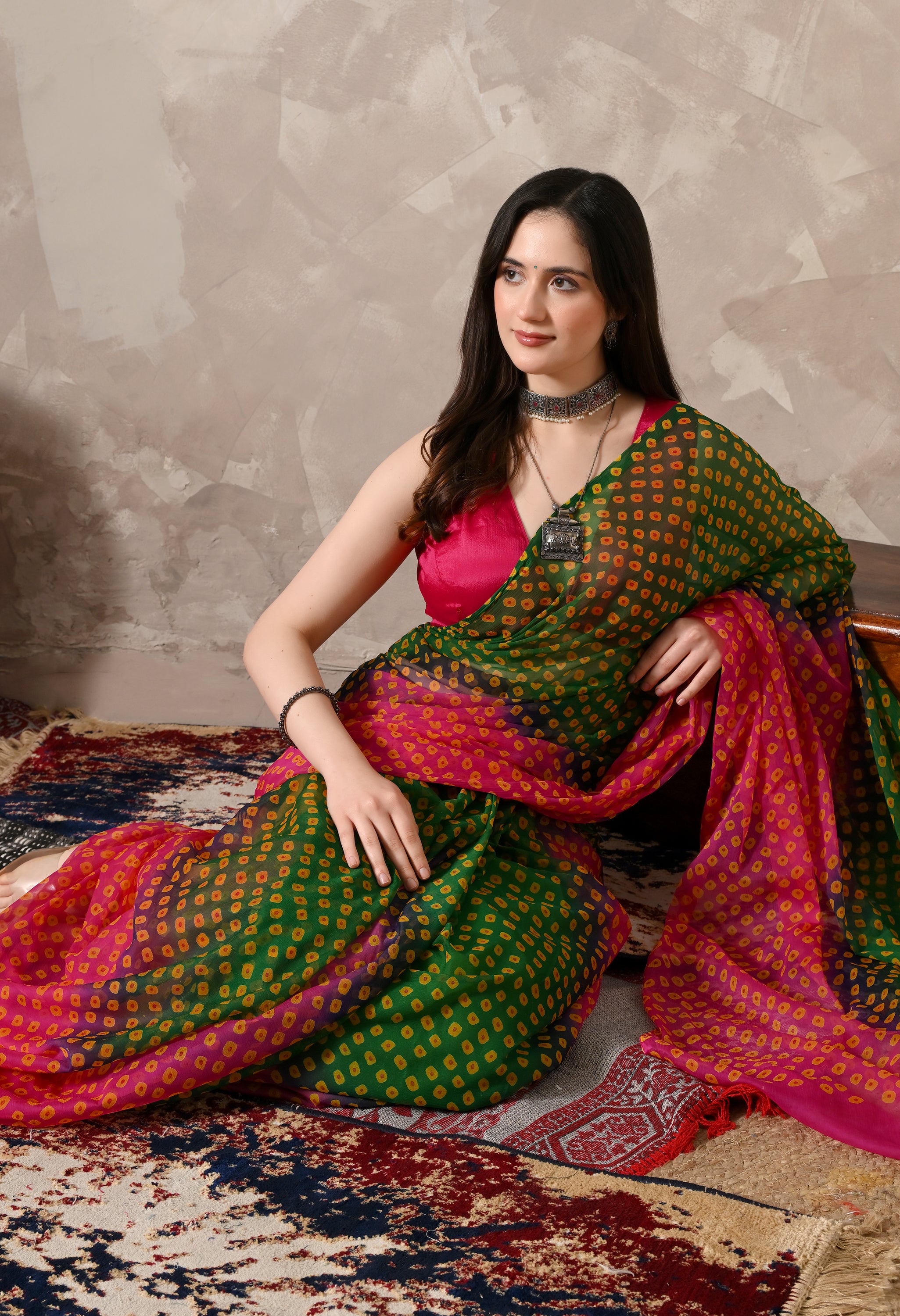 Pink & Green Chiffon Bandhej Print Saree