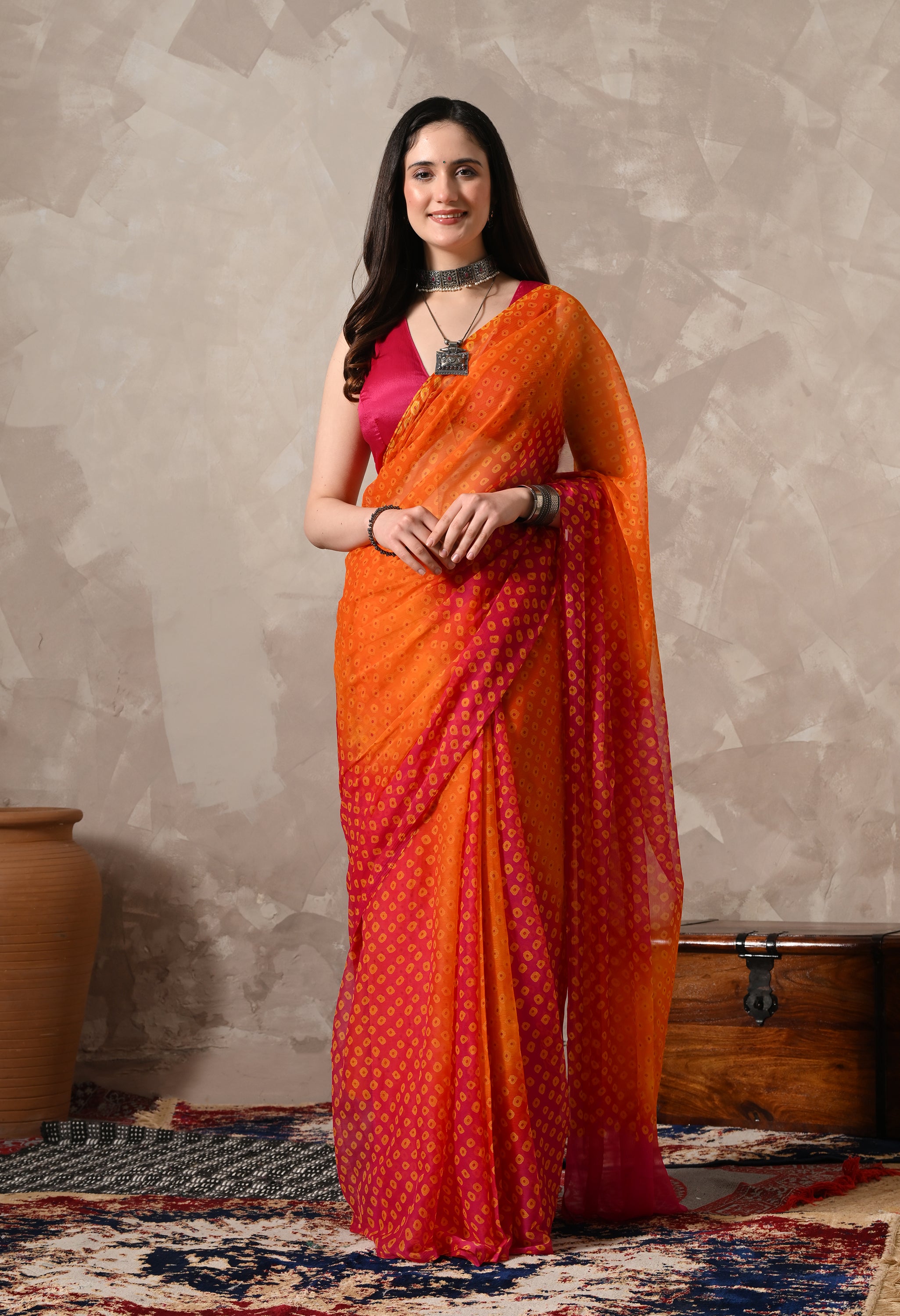 Orange & Rani Pink Chiffon Bandhej Print Saree