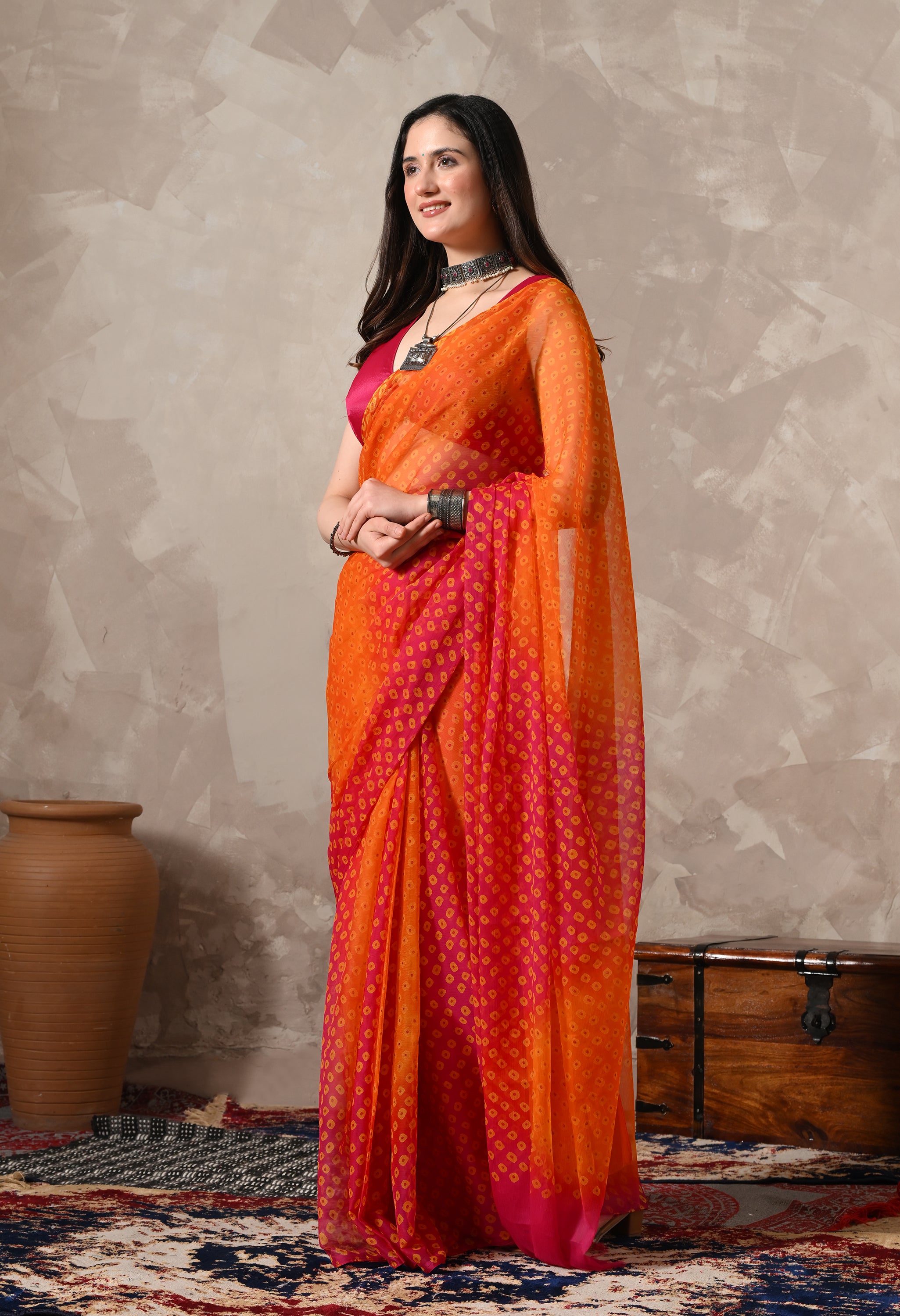 Orange & Rani Pink Chiffon Bandhej Print Saree