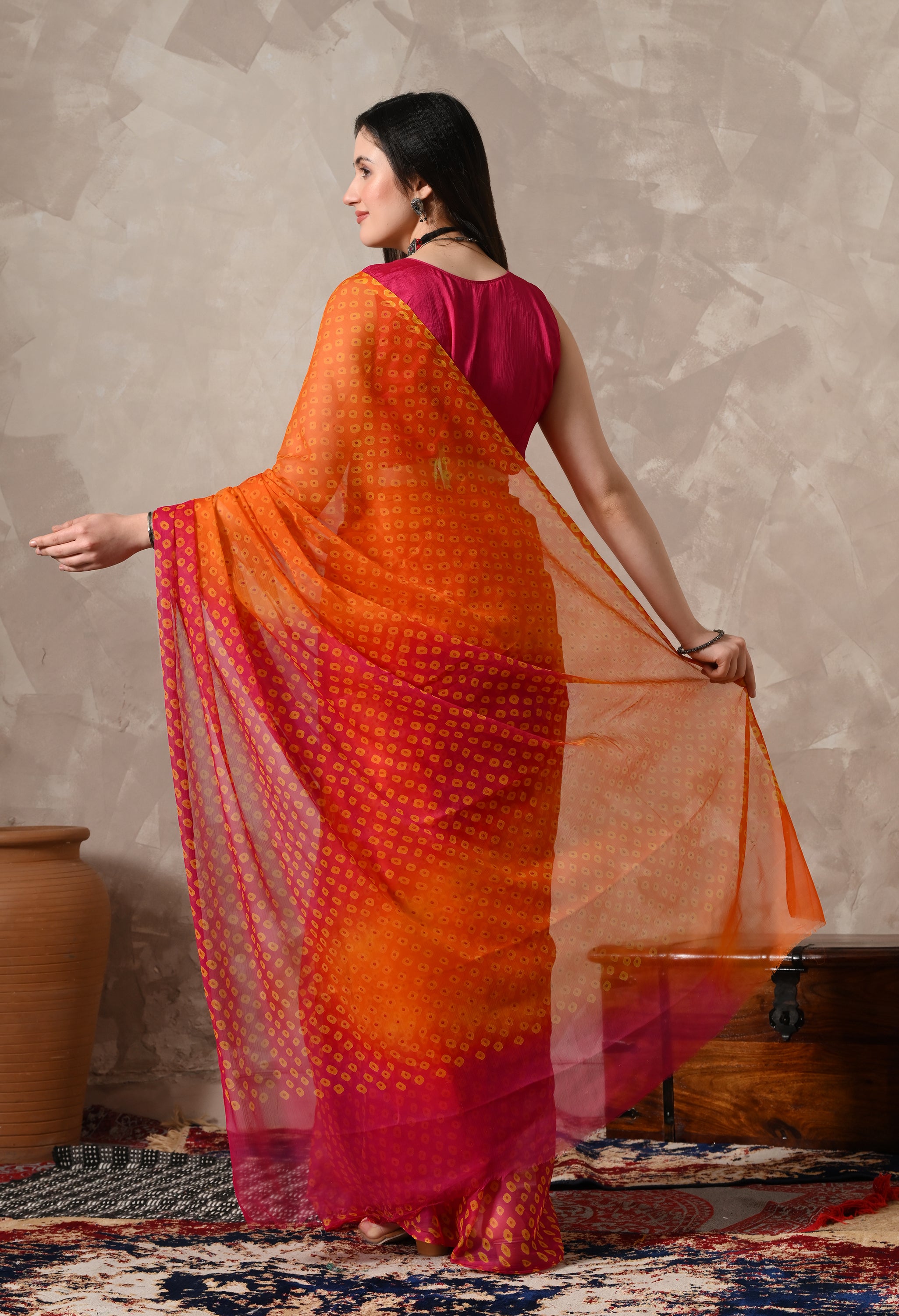Orange & Rani Pink Chiffon Bandhej Print Saree