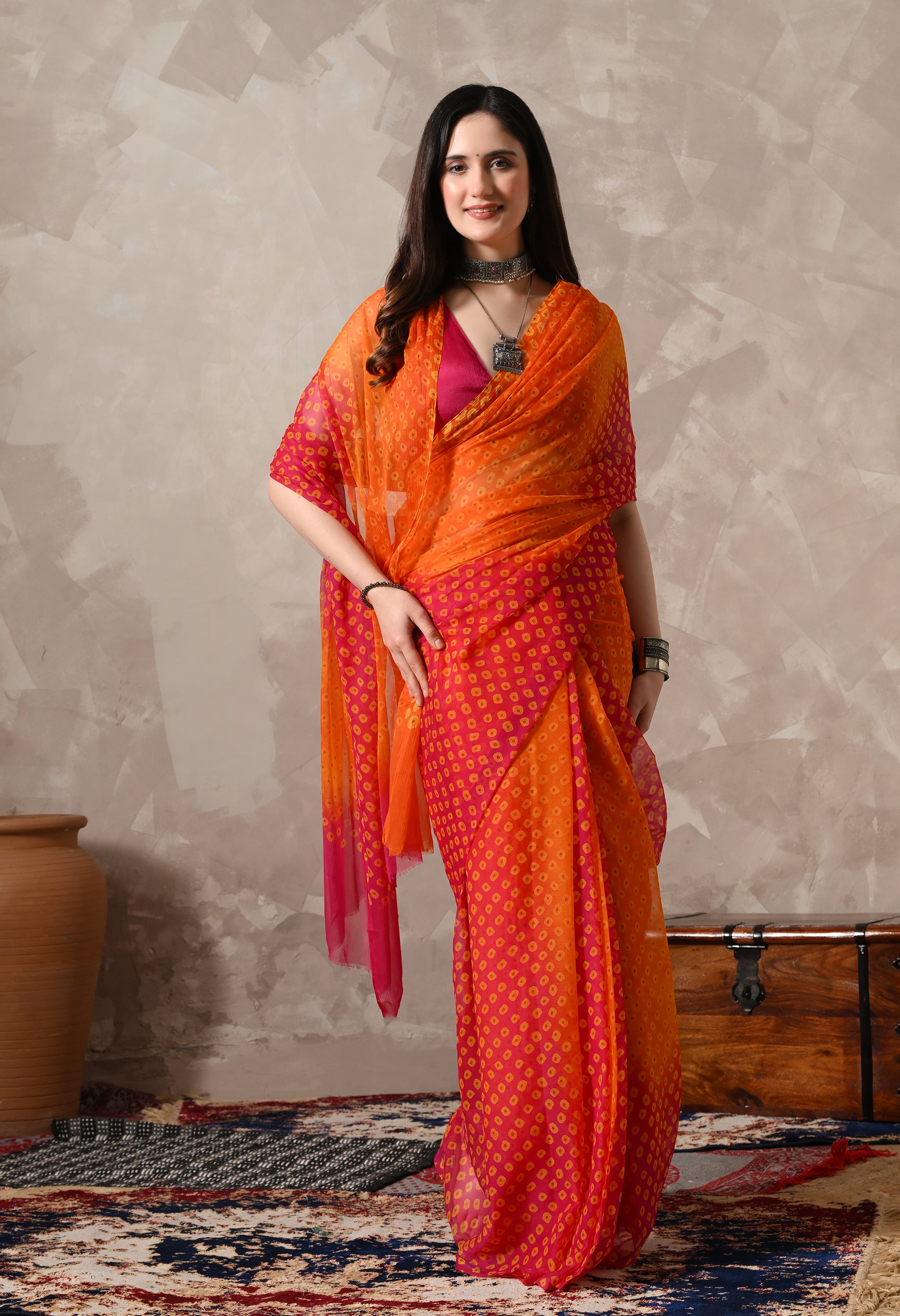 Orange & Rani Pink Chiffon Bandhej Print Saree