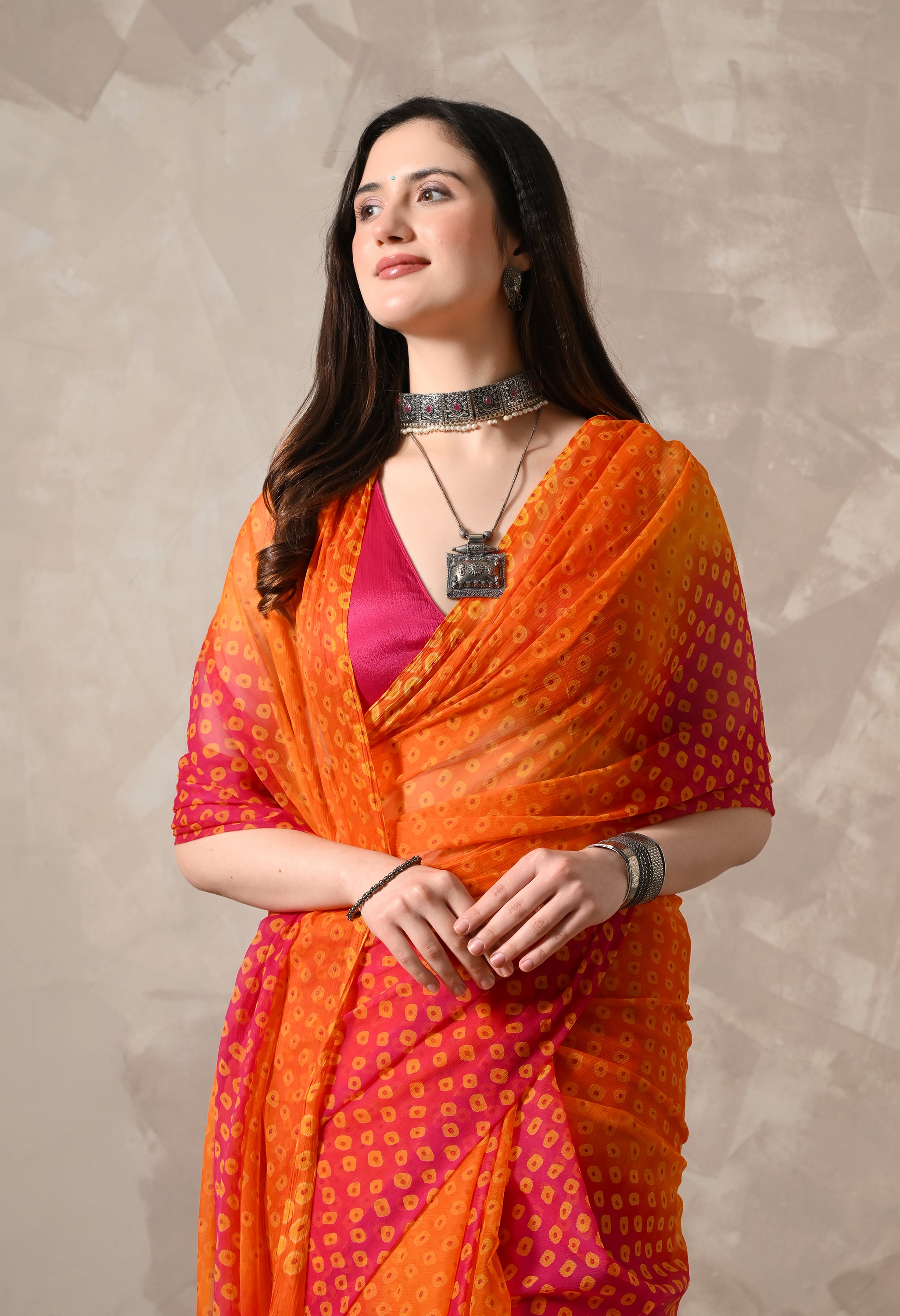 Orange & Rani Pink Chiffon Bandhej Print Saree