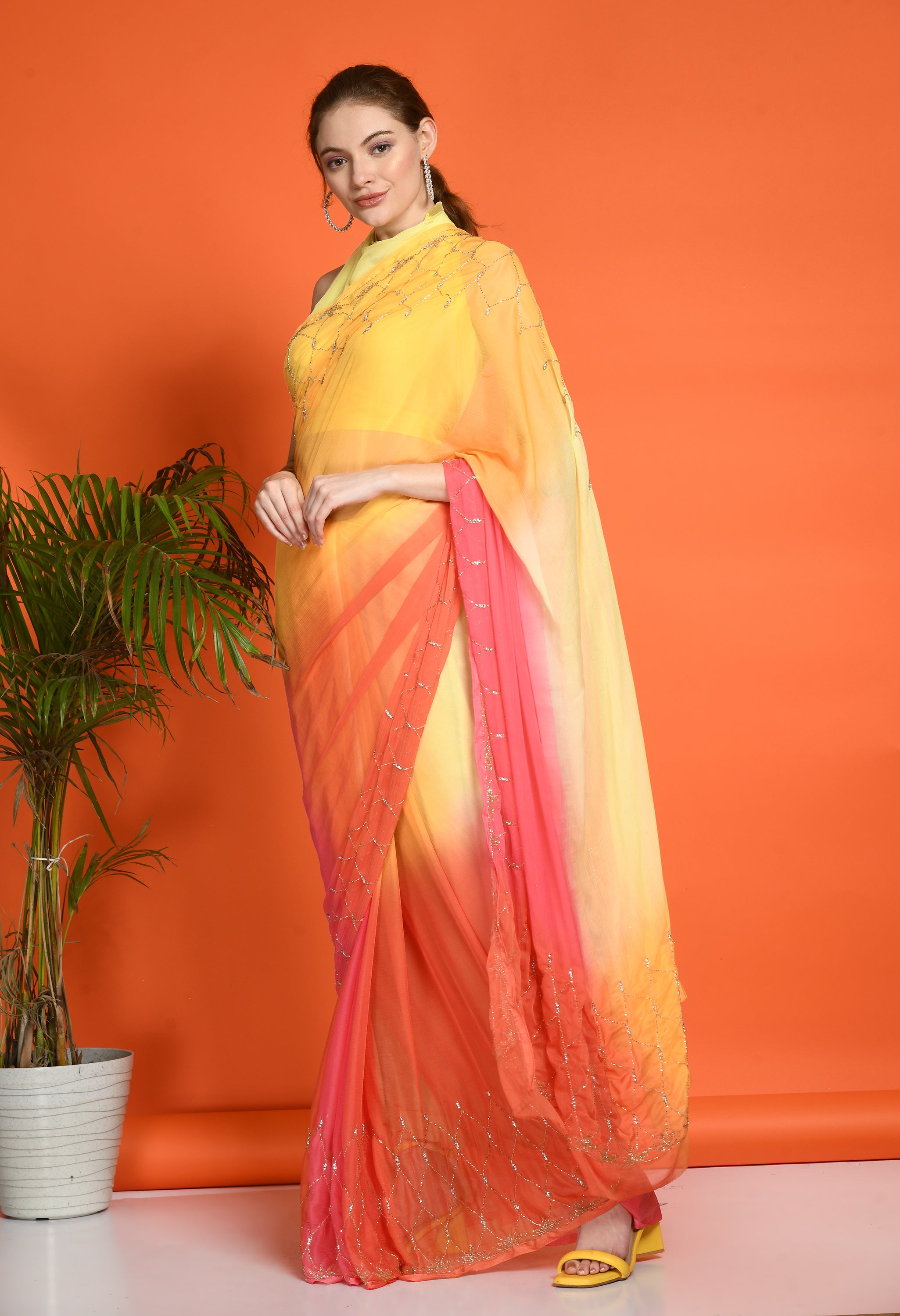 Sun Peach Tie & Dye Chiffon Saree with Cut Dana Work