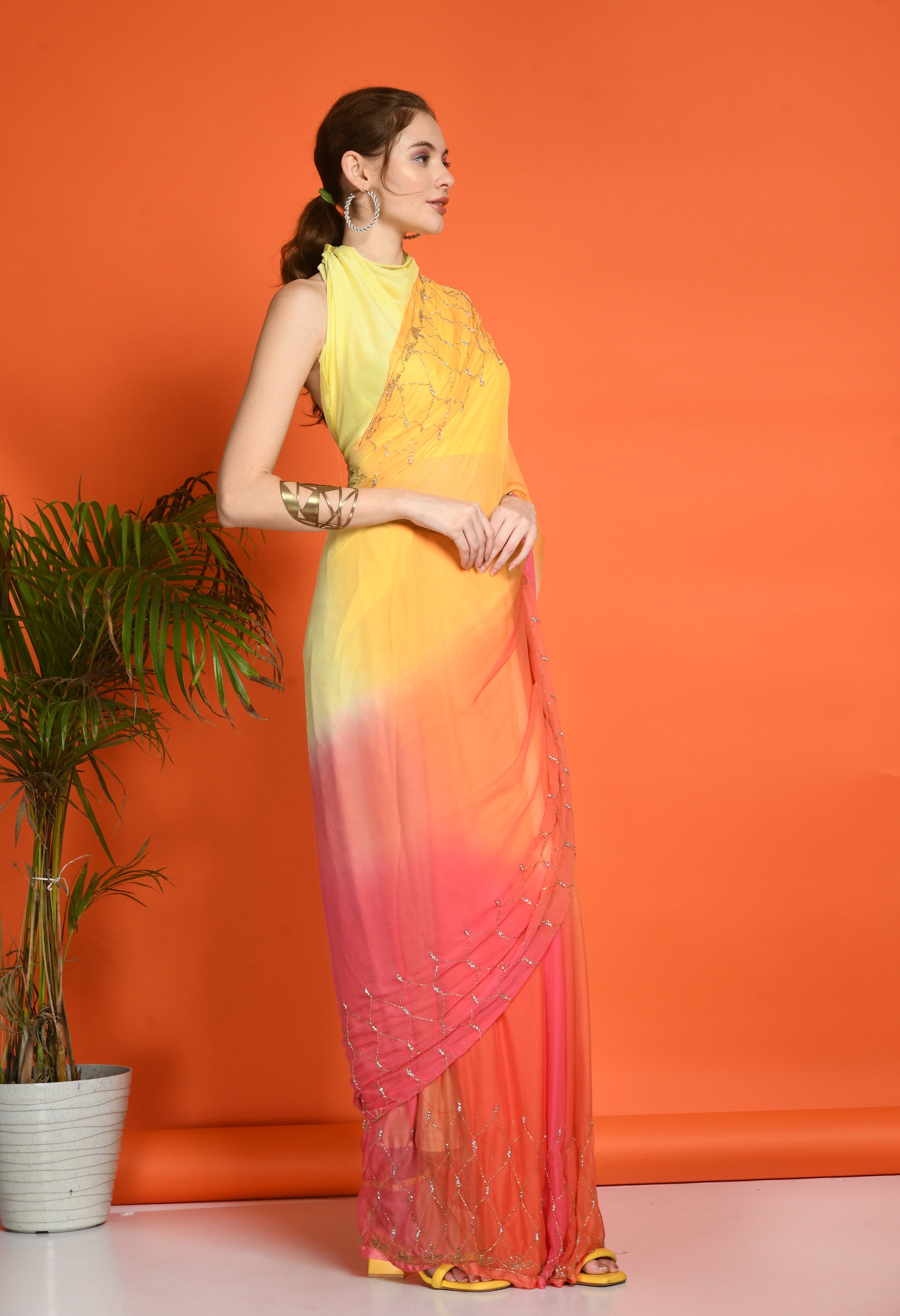 Sun Peach Tie & Dye Chiffon Saree with Cut Dana Work