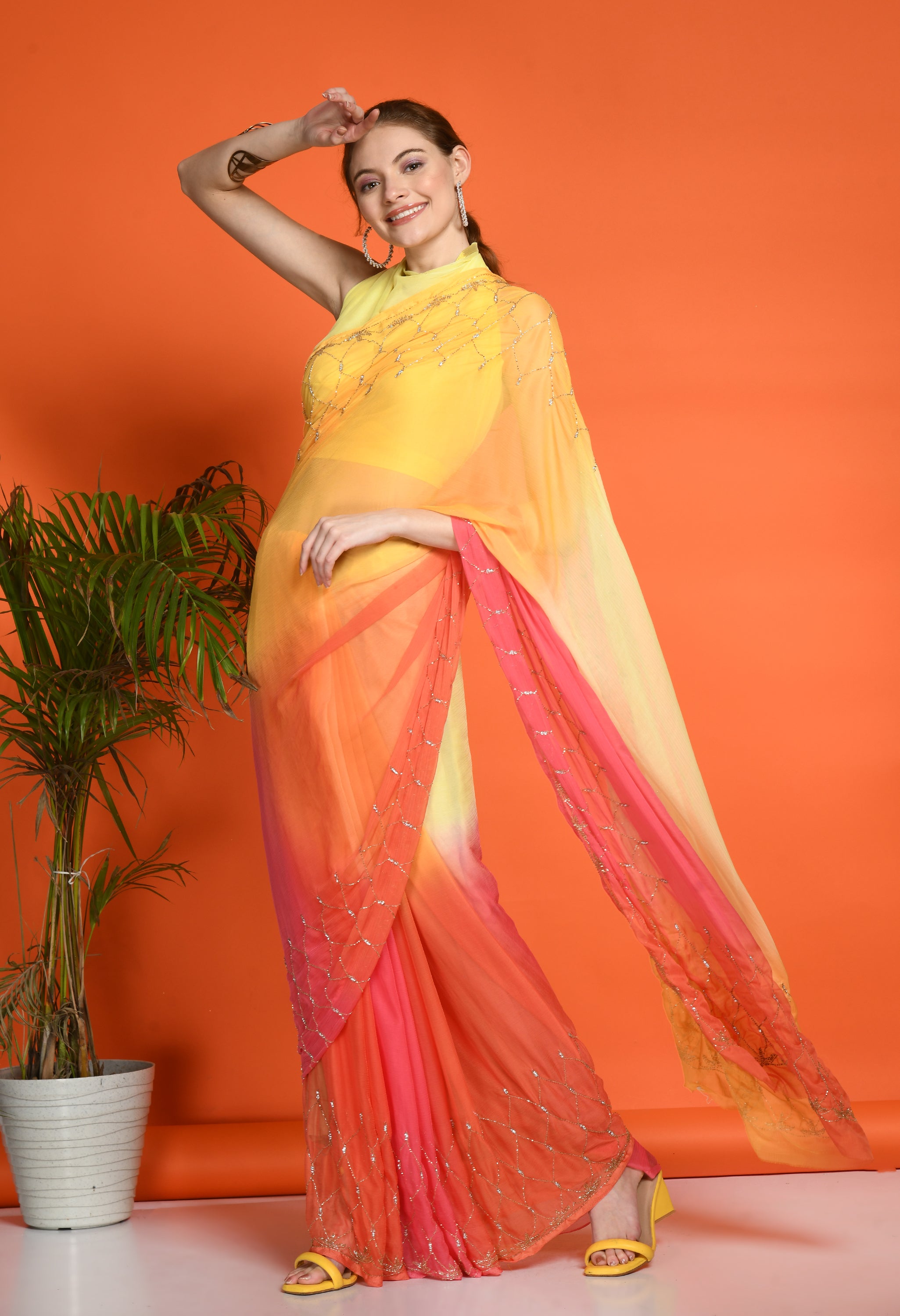 Sun Peach Tie & Dye Chiffon Saree with Cut Dana Work