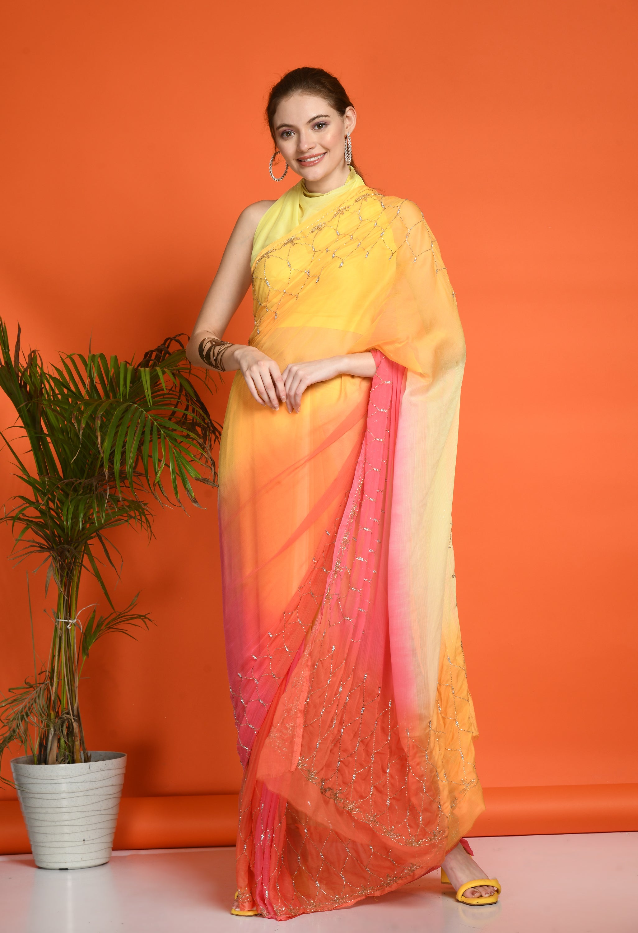 Sun Peach Tie & Dye Chiffon Saree with Cut Dana Work